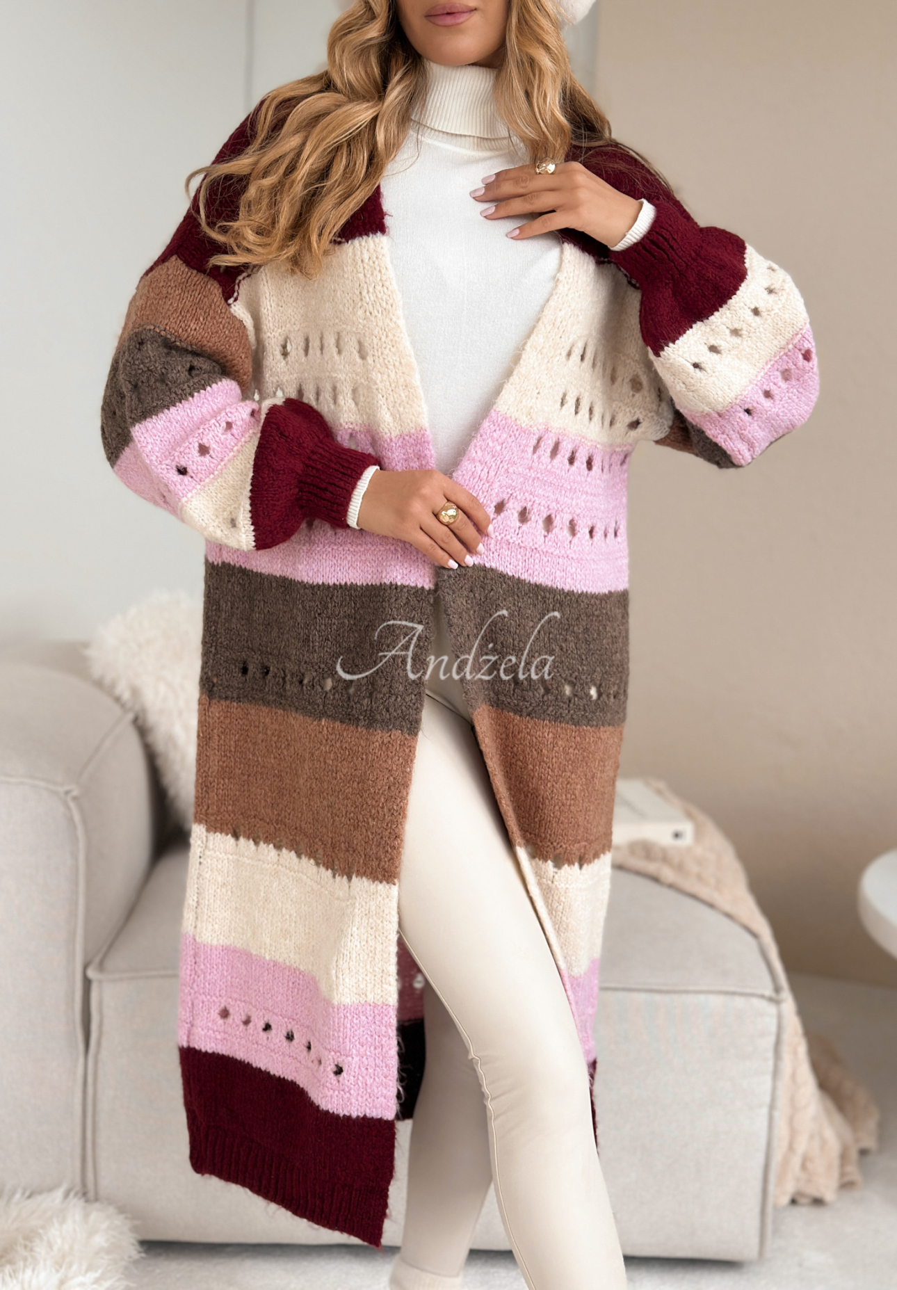 Lange Strickjacke Just A Moment burgunderrot-rosa