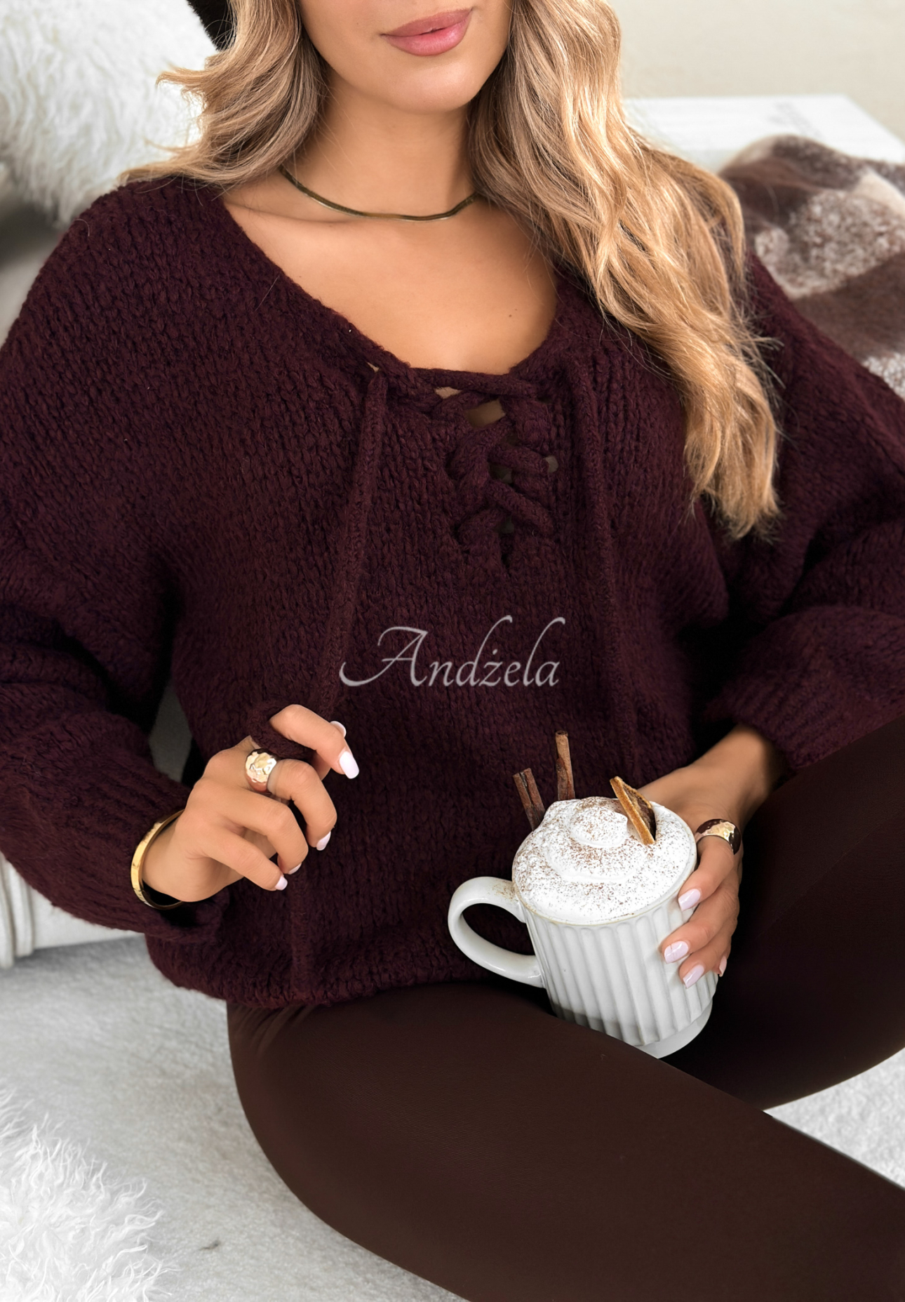 Oversize-Pullover mit Schnürung und Wolle Hug Me Tight Burgunderrot