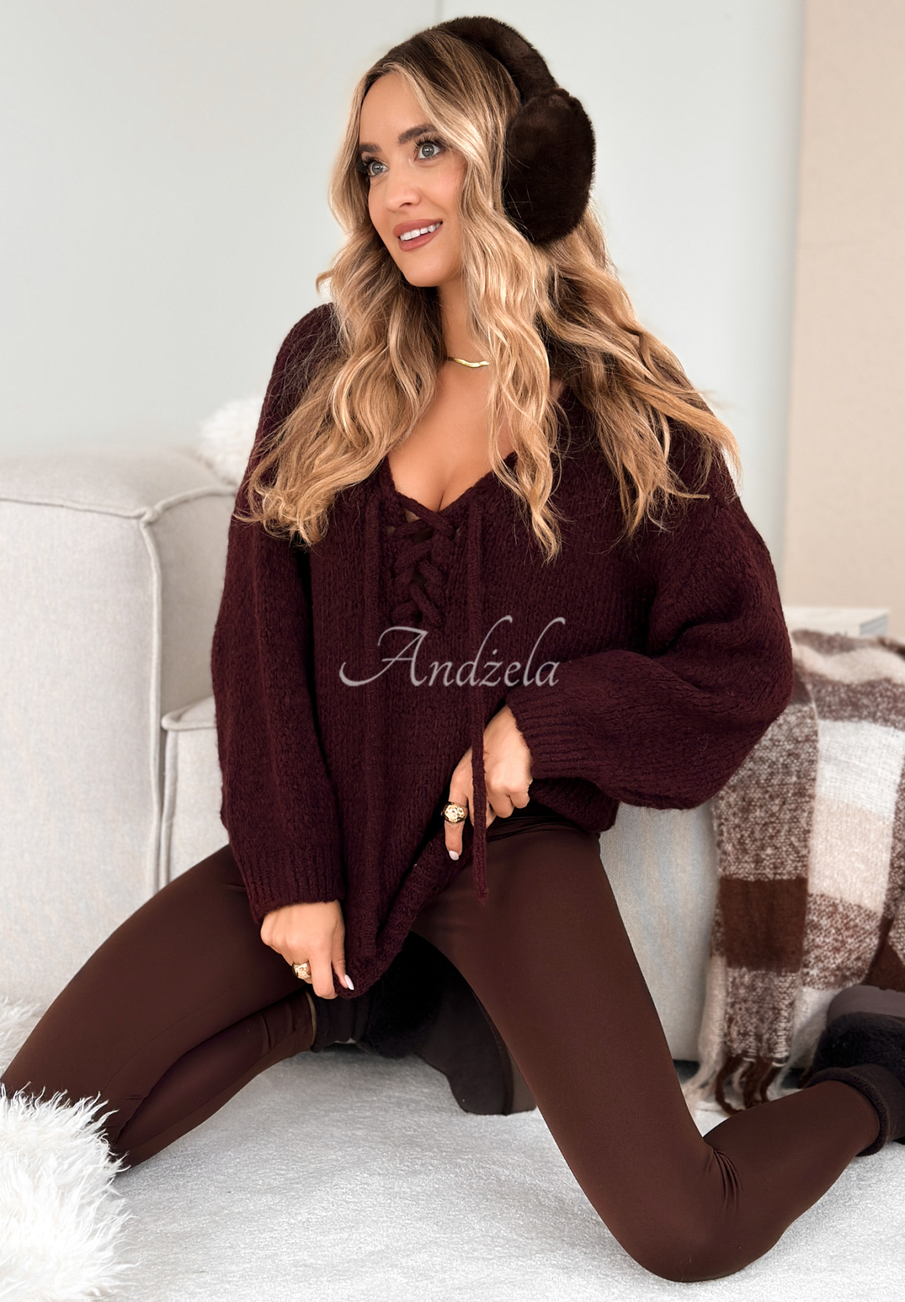 Oversize-Pullover mit Schnürung und Wolle Hug Me Tight Burgunderrot