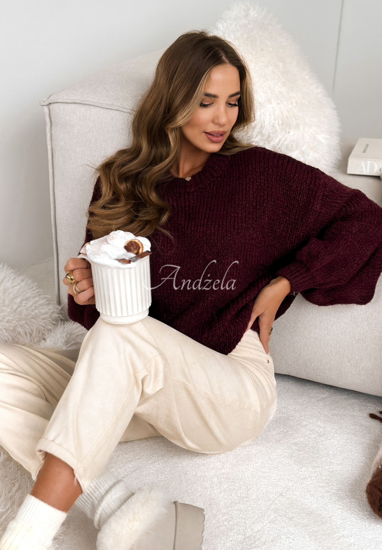 Oversize-Pullover aus Wolle Pink Mountain Burgunderrot