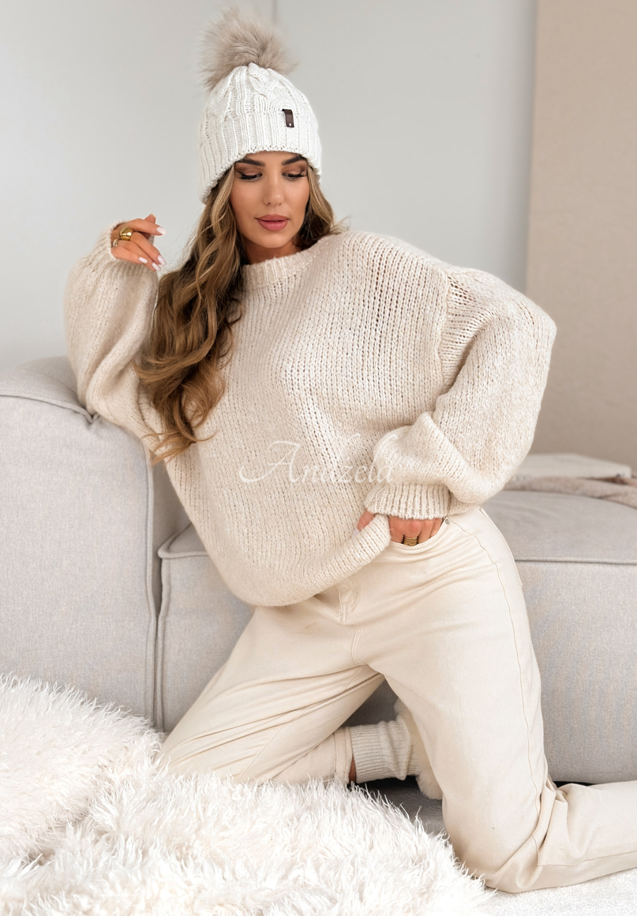 Oversize-Pullover aus Wolle Pink Mountain Beige