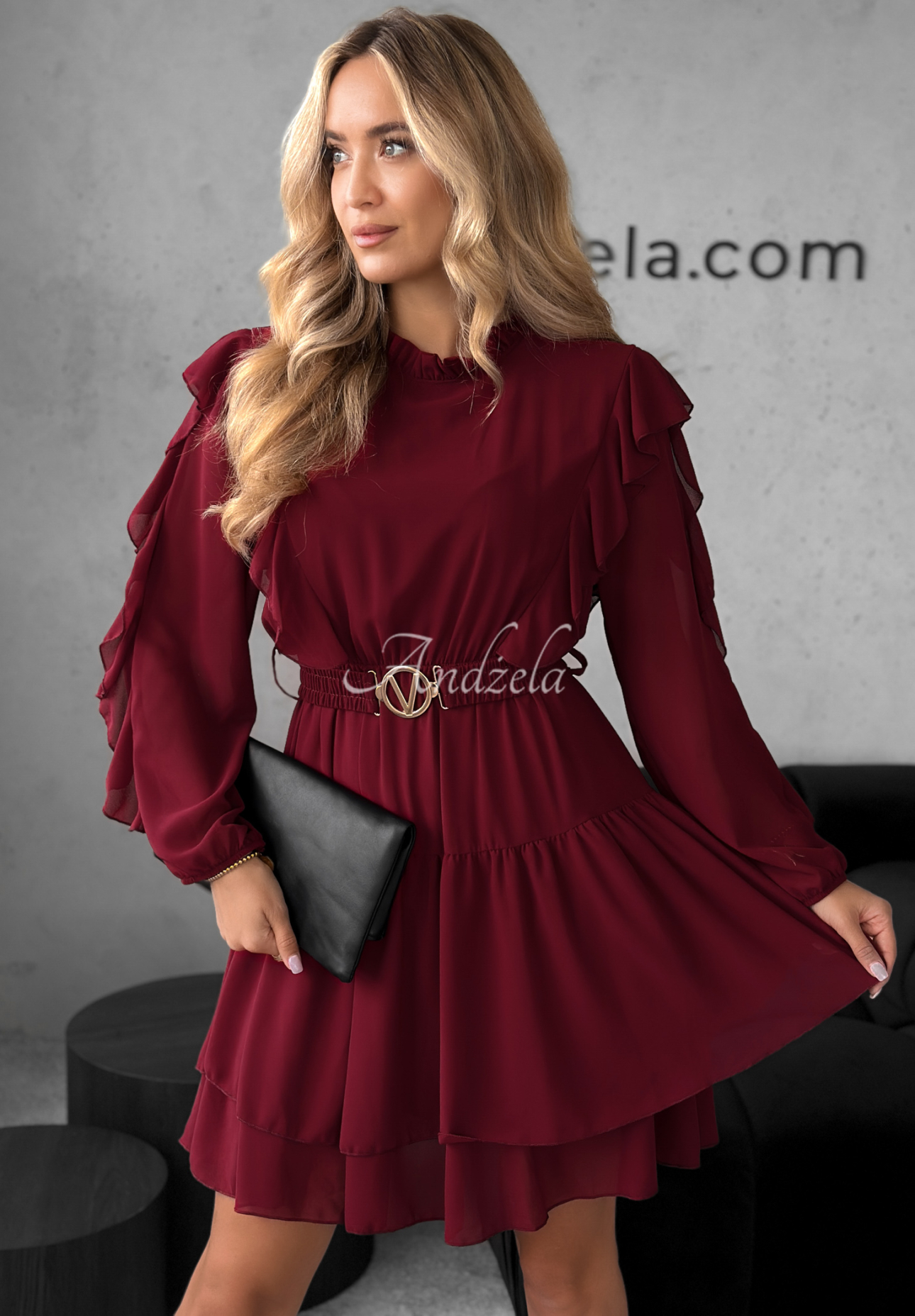 Minikleid mit Rüschen Without Words Burgunderrot