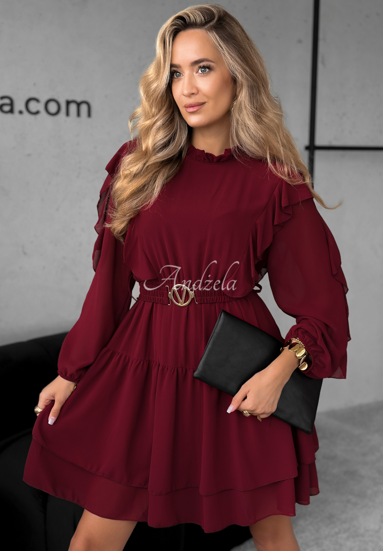 Minikleid mit Rüschen Without Words Burgunderrot