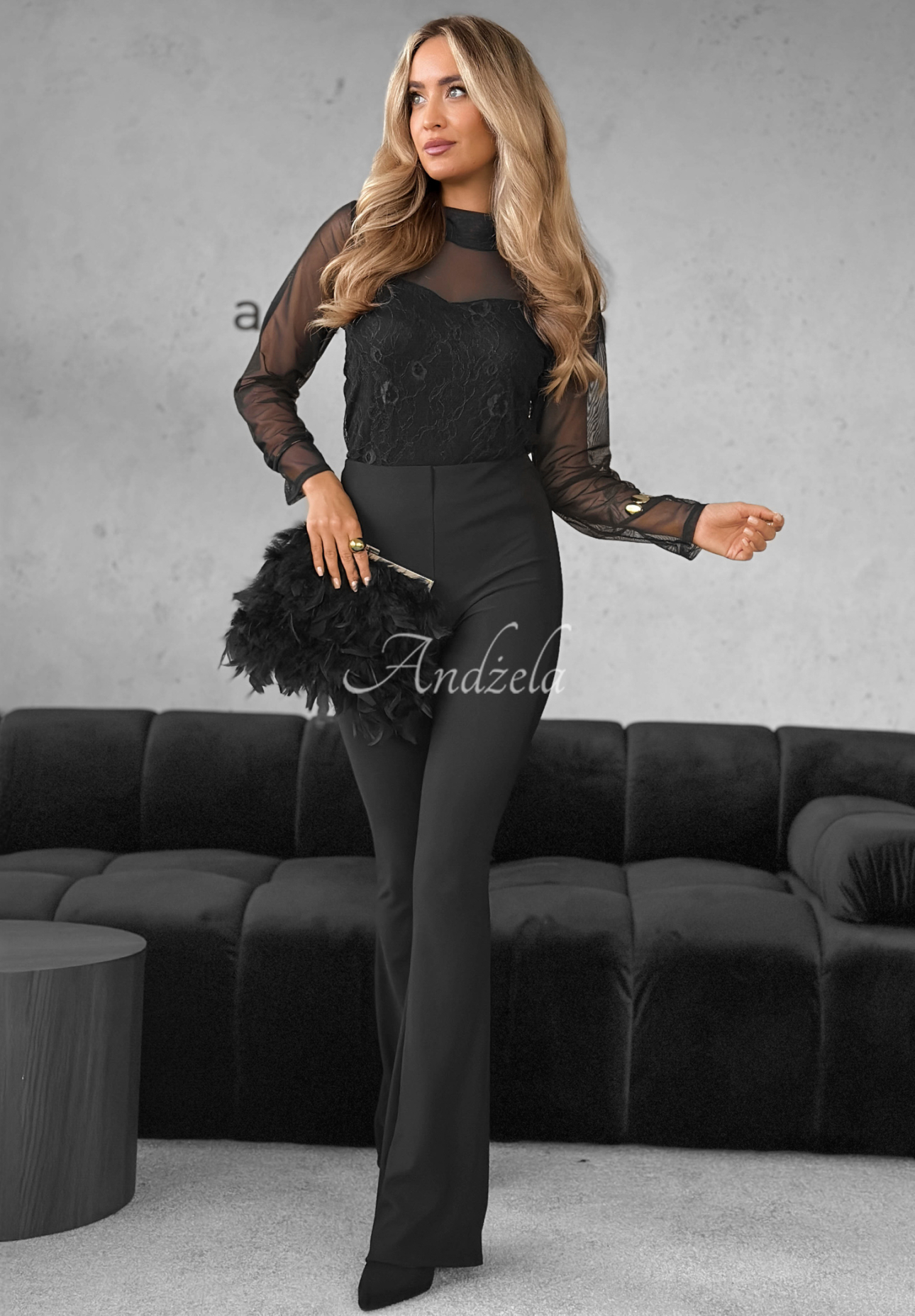Netzbluse mit Spitze und Viskose Divine Lace Schwarz