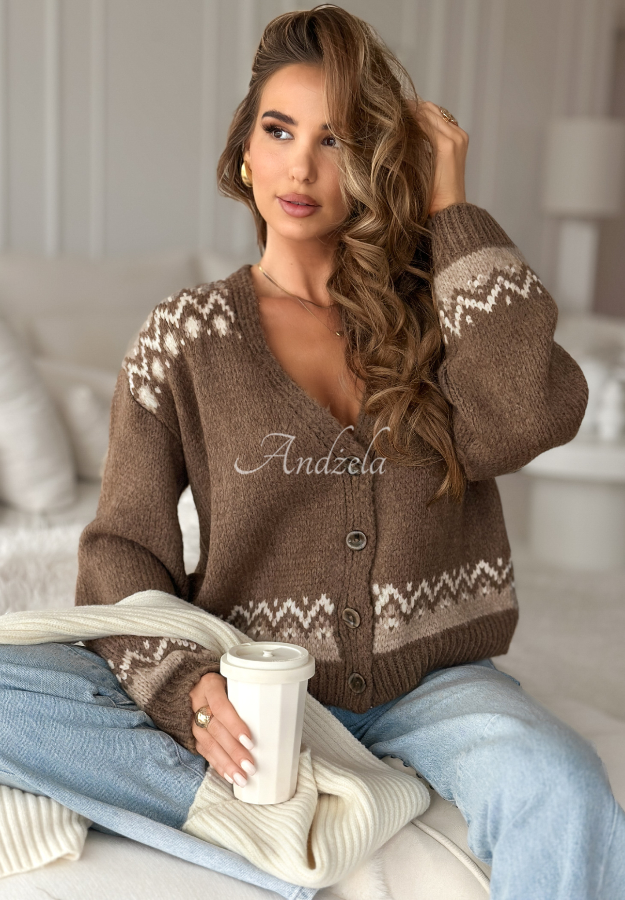 Kurzer gemusterter Wollcardigan Short Winter Days Schokoladenbraun
