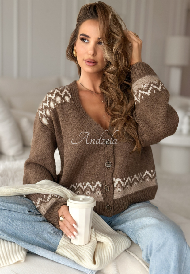 Kurzer gemusterter Wollcardigan Short Winter Days Schokoladenbraun