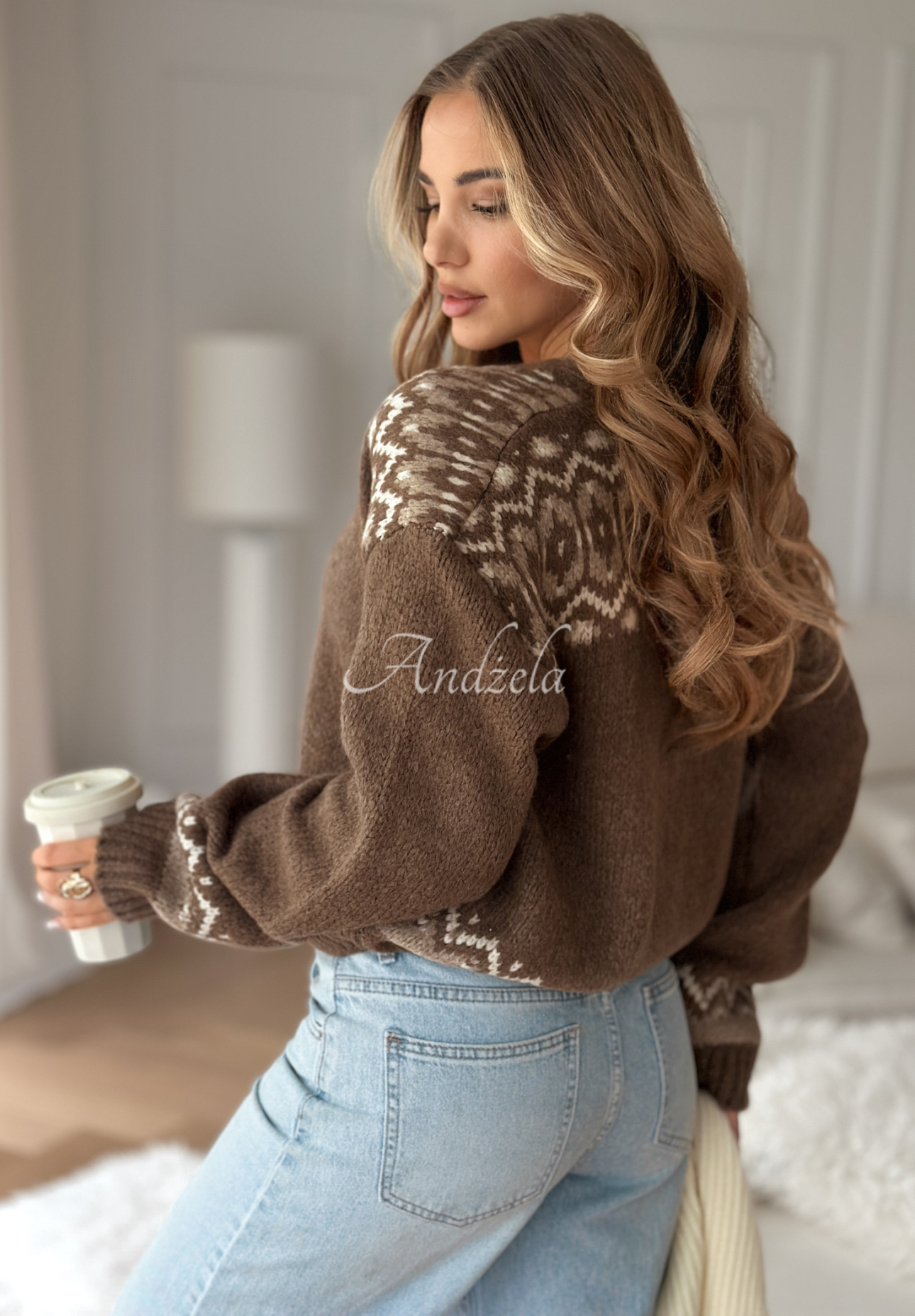 Kurzer gemusterter Wollcardigan Short Winter Days Schokoladenbraun