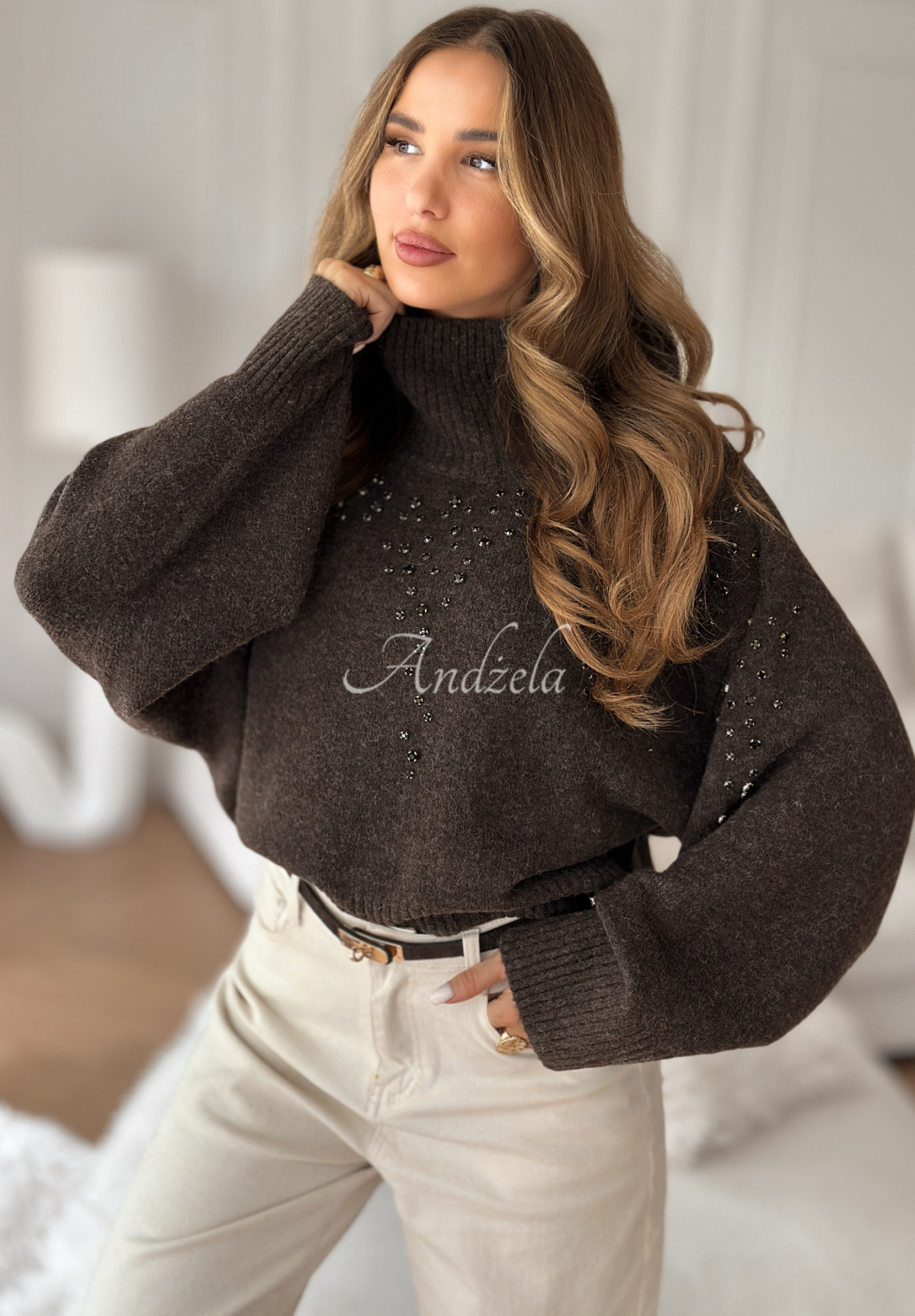 Rollkragenpullover aus Viskose mit Kristallen Shiny And Warm Schokoladenbraun