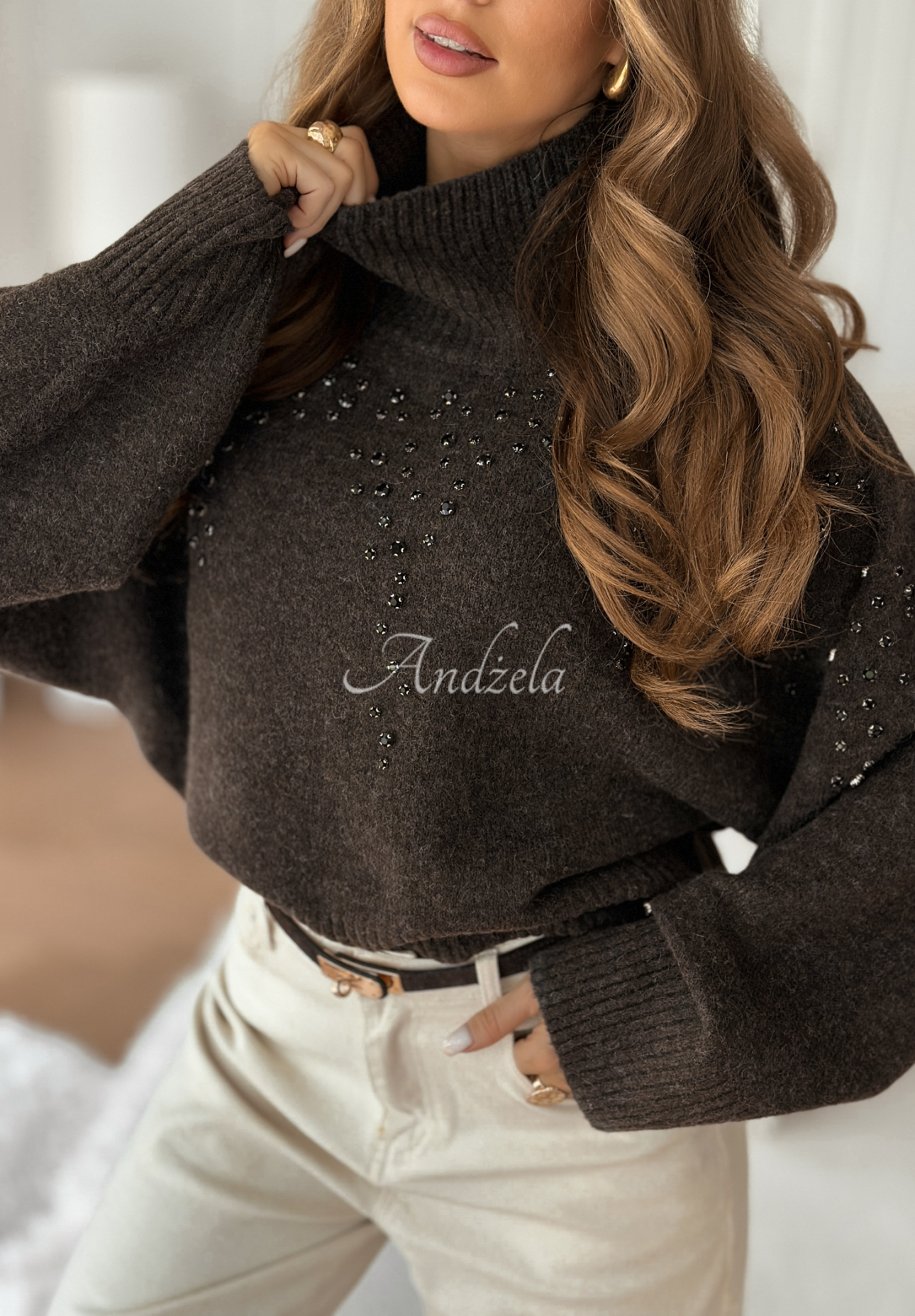 Rollkragenpullover aus Viskose mit Kristallen Shiny And Warm Schokoladenbraun