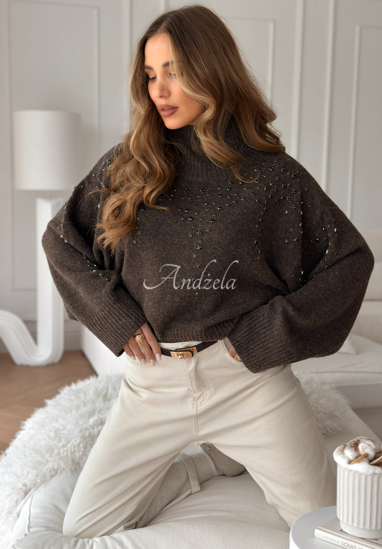 Rollkragenpullover aus Viskose mit Kristallen Shiny And Warm Schokoladenbraun