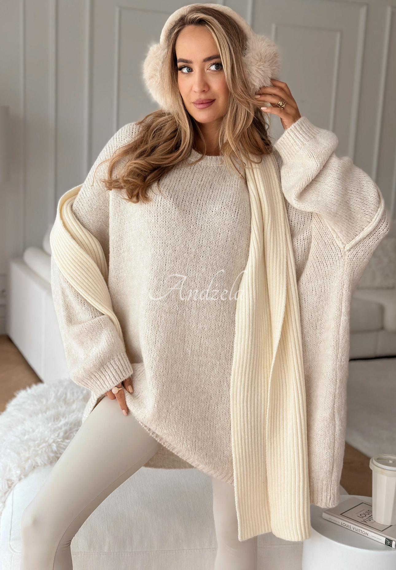 Long oversize tunic sweater with wool and viscose Cozy Weather light beige