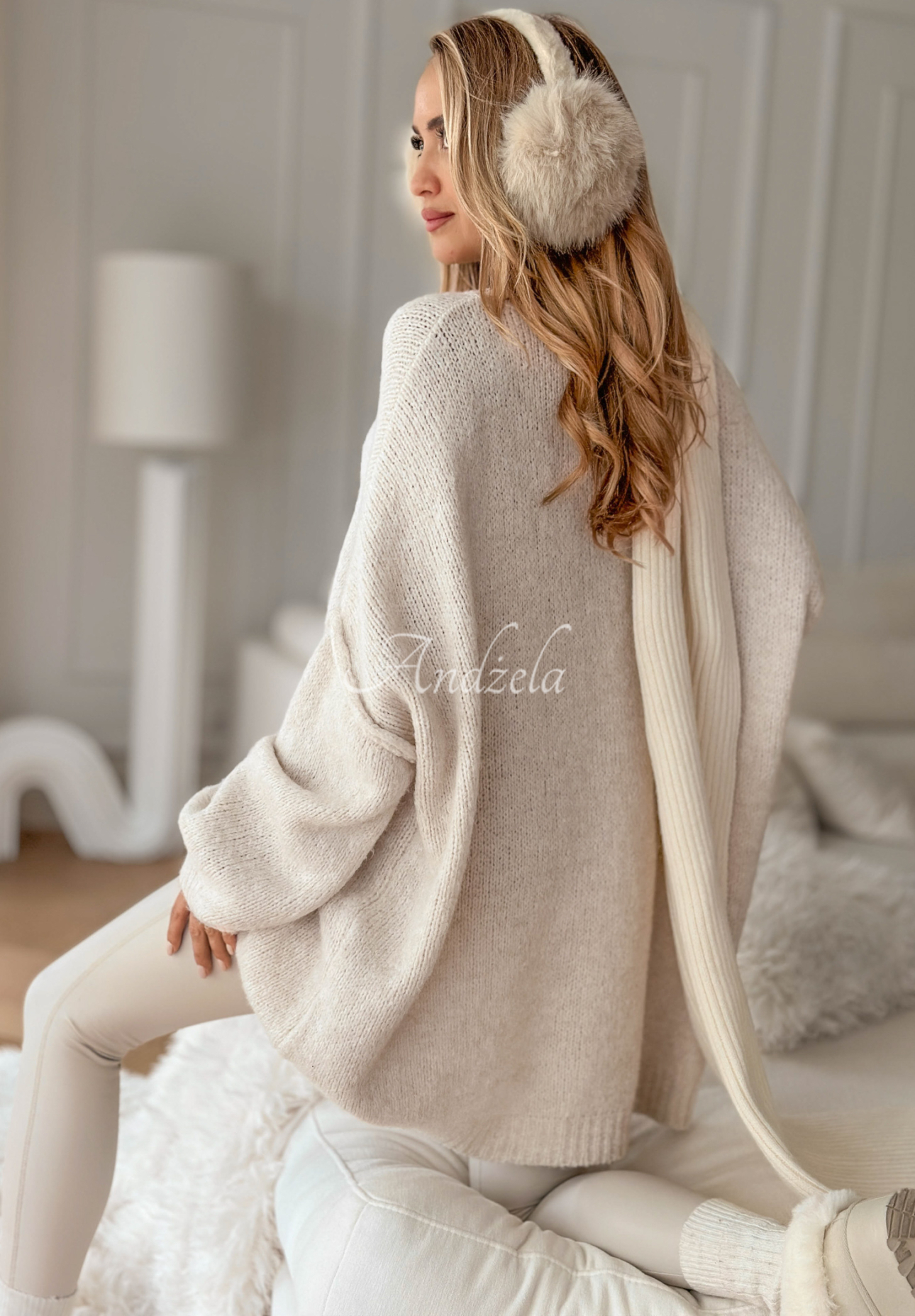 Langer Oversize-Tunika-Pullover mit Wolle und Viskose Cozy Weather hellbeige