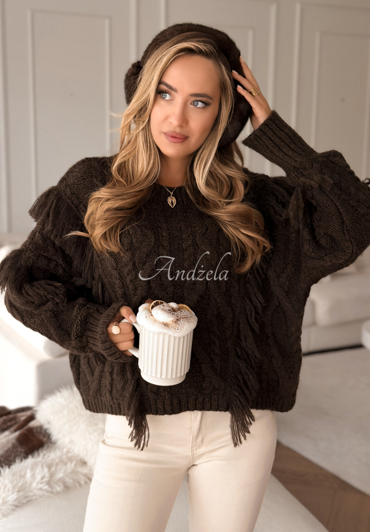 Strickpullover mit Fransen Whisper Touch Schokoladenbraun