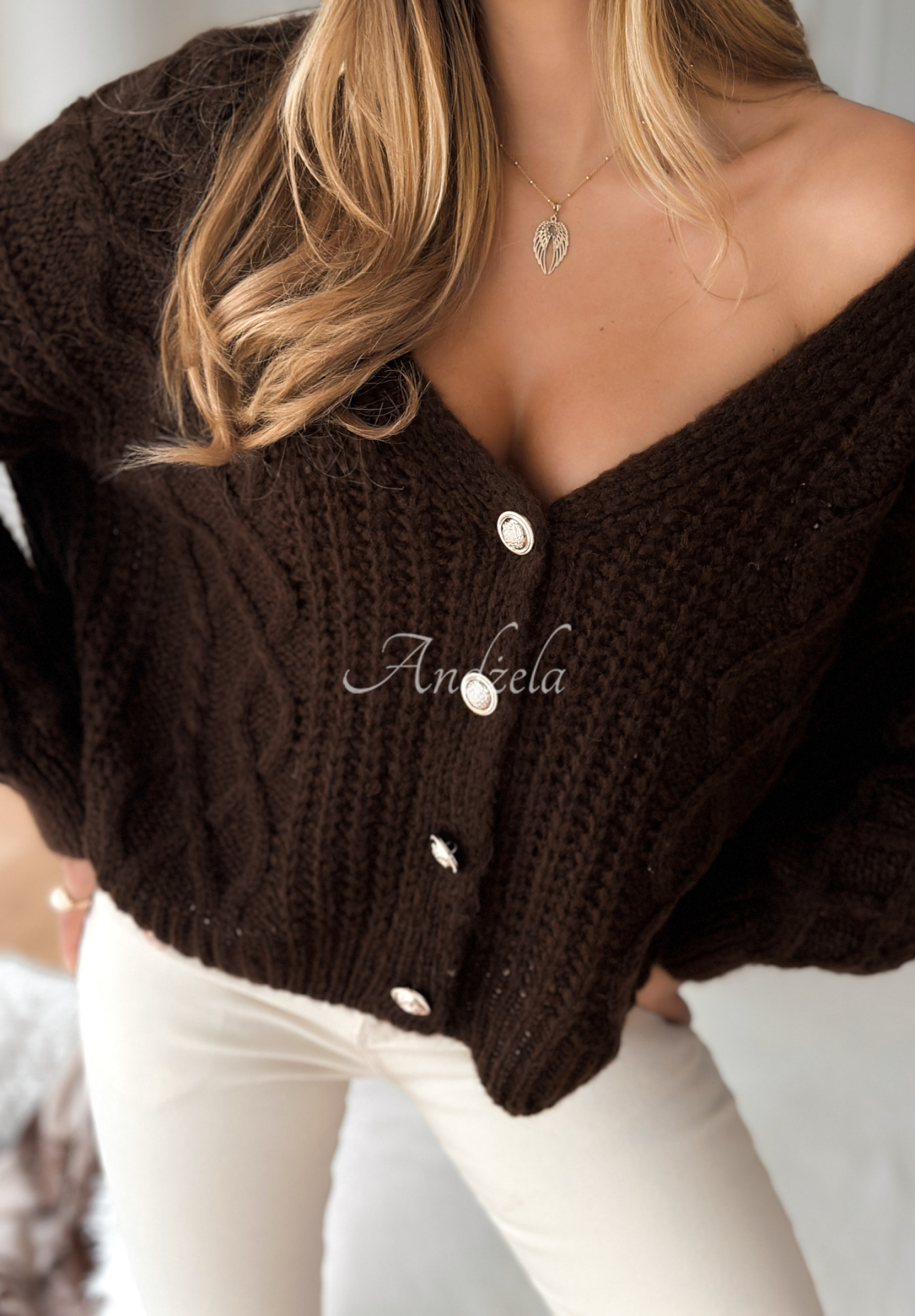 Dekorativ gewebter Cardigan Want To Be Loved Schokoladenbraun