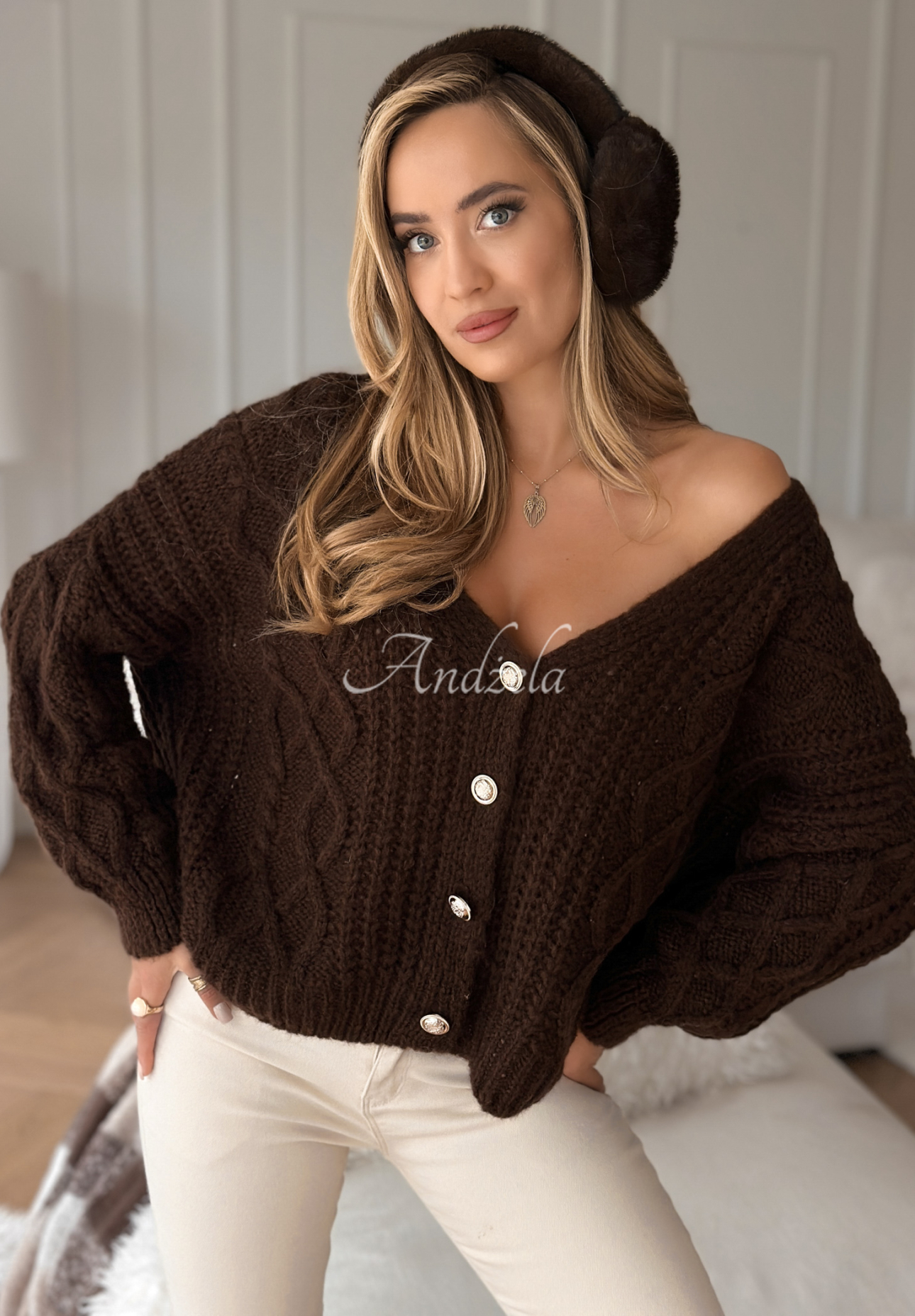 Dekorativ gewebter Cardigan Want To Be Loved Schokoladenbraun