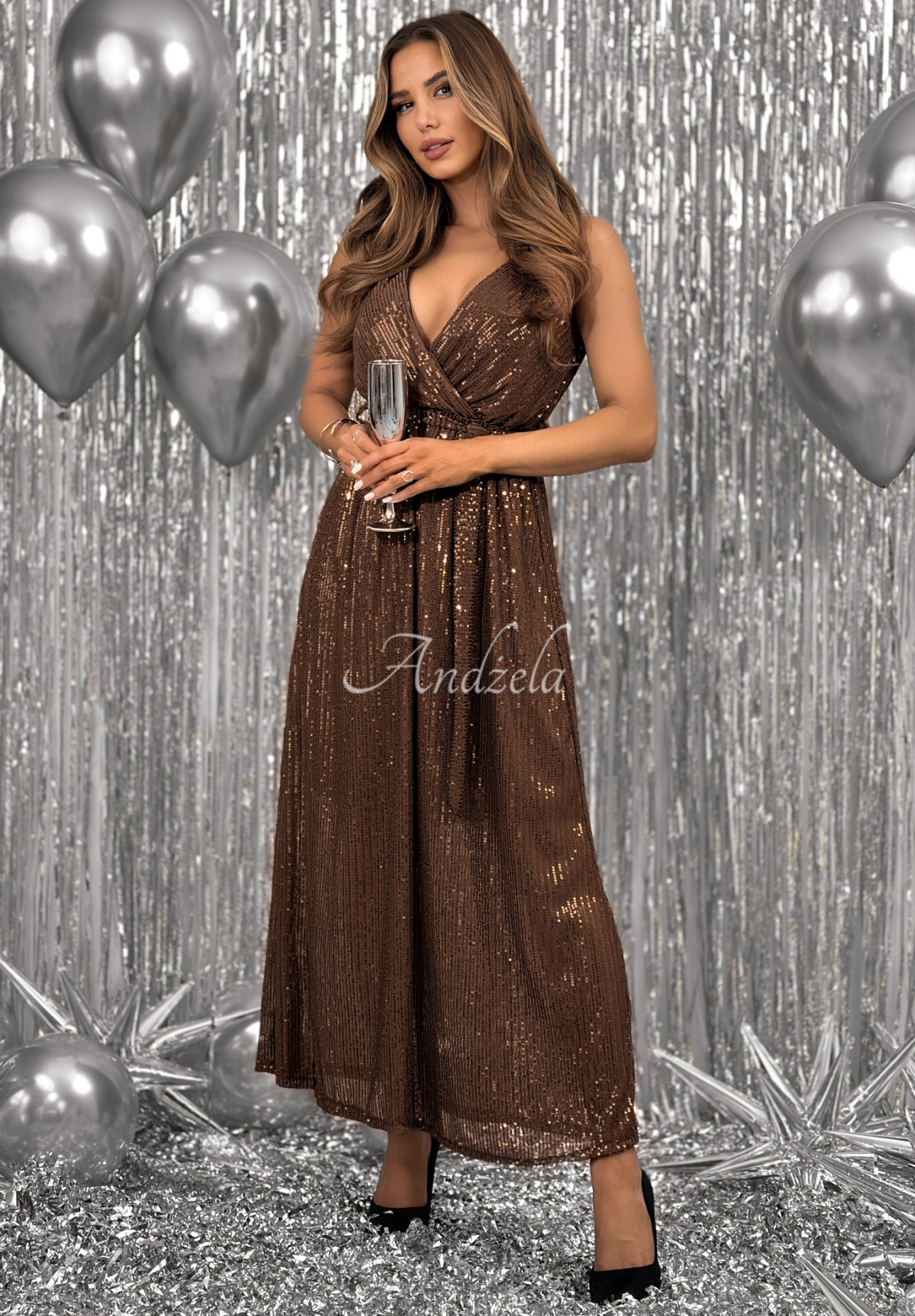 Maxikleid mit Pailletten Endless Glitter Schokoladenbraun