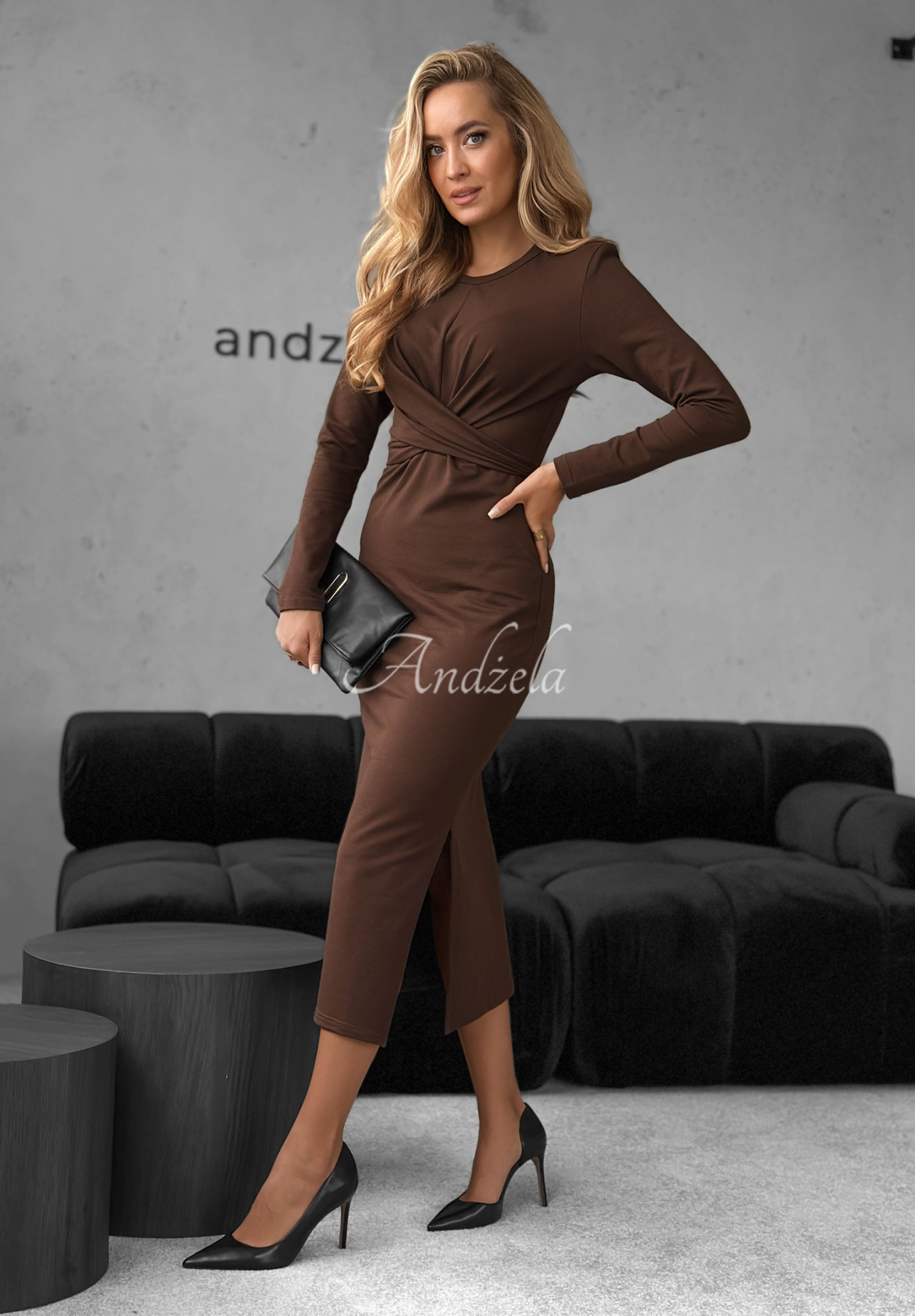 Baumwoll-Midikleid mit Bindung First Move Schokoladenbraun