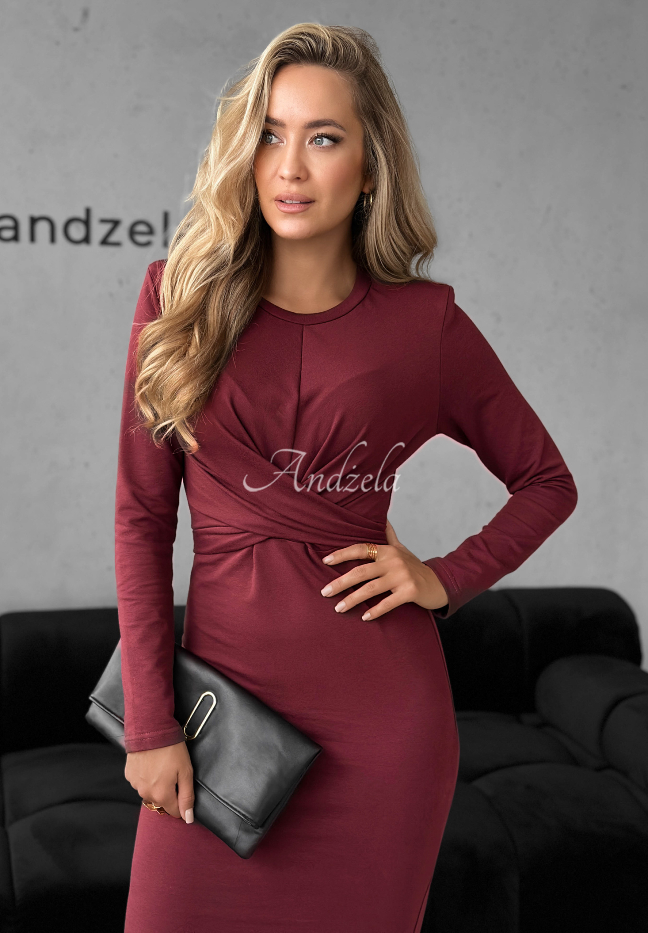 Baumwoll-Midikleid mit Bindung First Move Burgunderrot