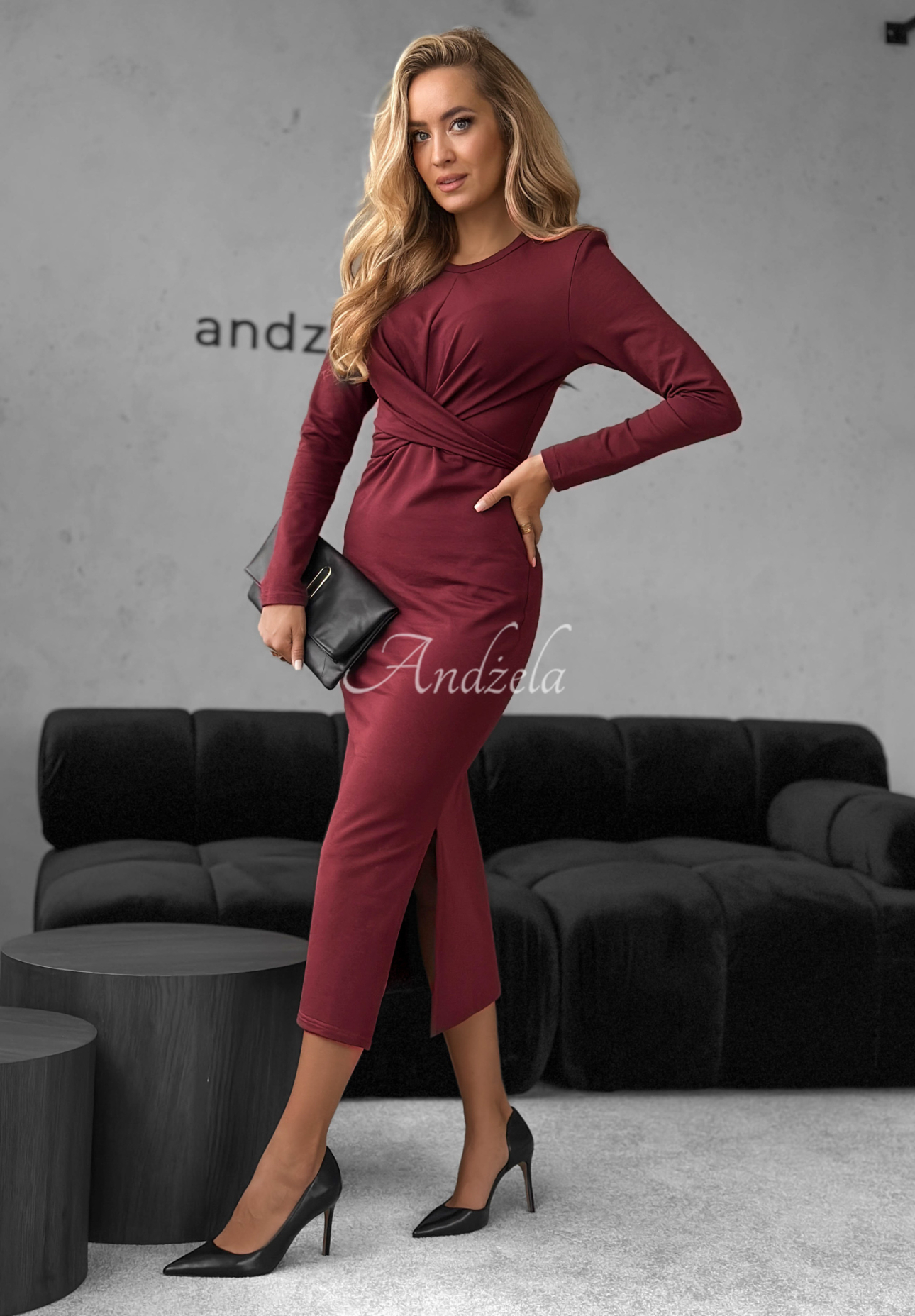 Baumwoll-Midikleid mit Bindung First Move Burgunderrot
