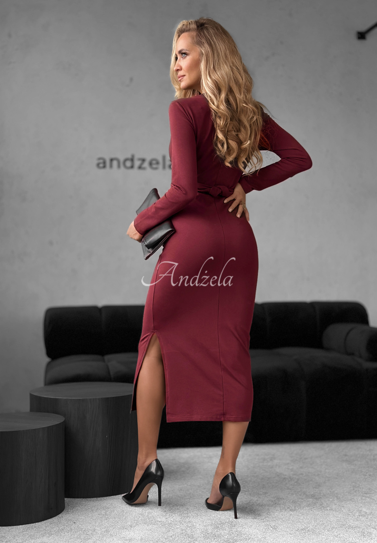 Baumwoll-Midikleid mit Bindung First Move Burgunderrot
