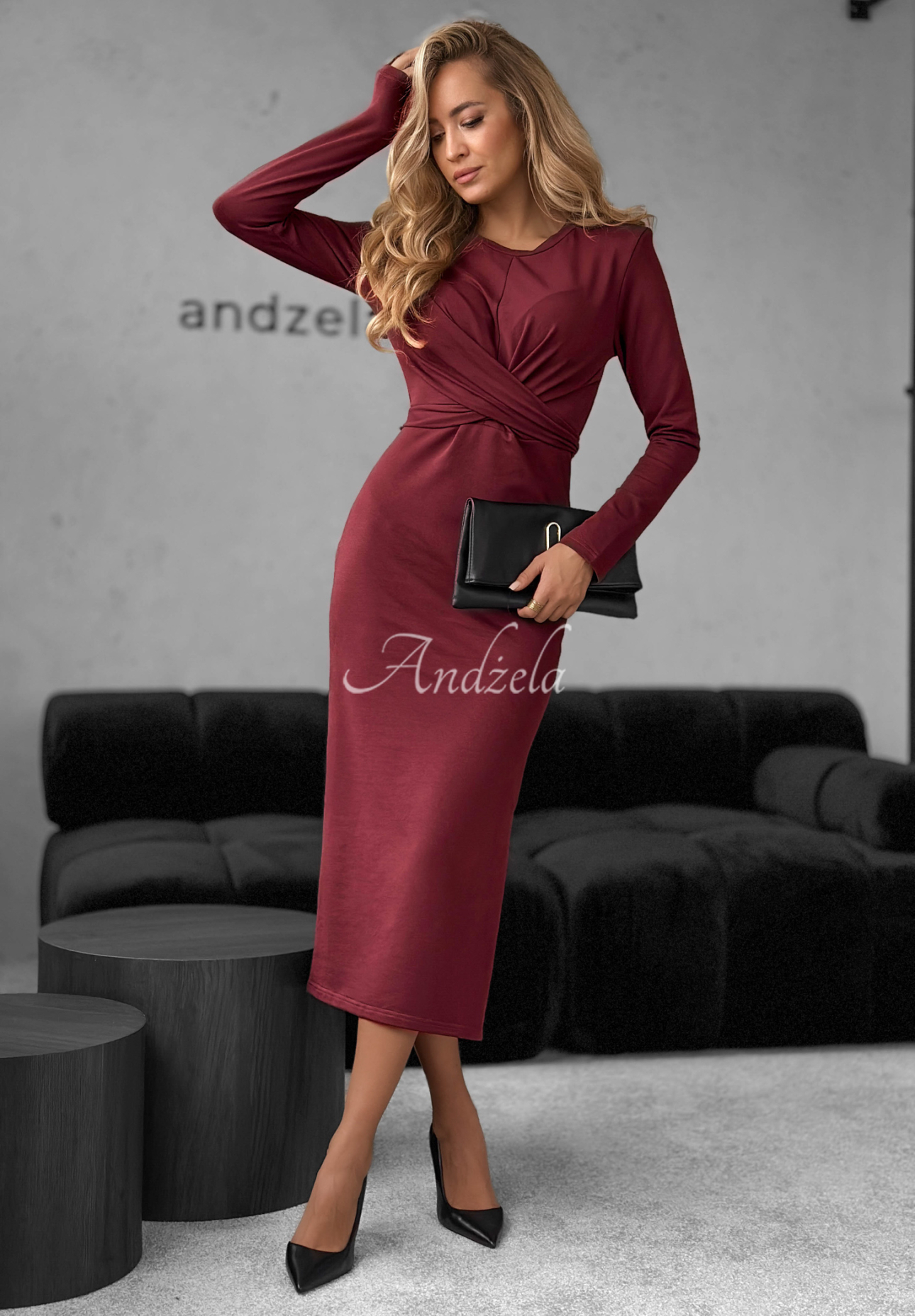 Baumwoll-Midikleid mit Bindung First Move Burgunderrot