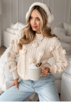 Ozdobnie pleciony Pullover z kwiatami Flowery Mimosa Beige