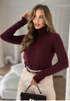 Ozdobnie pleciony Pullover z golfem I Love Cold Burgunderrot