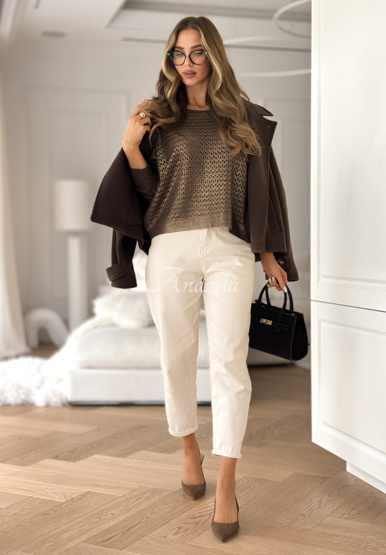 Durchbrochener Pullover aus Viskose mit Print Rainy Plans Schokoladenbraun