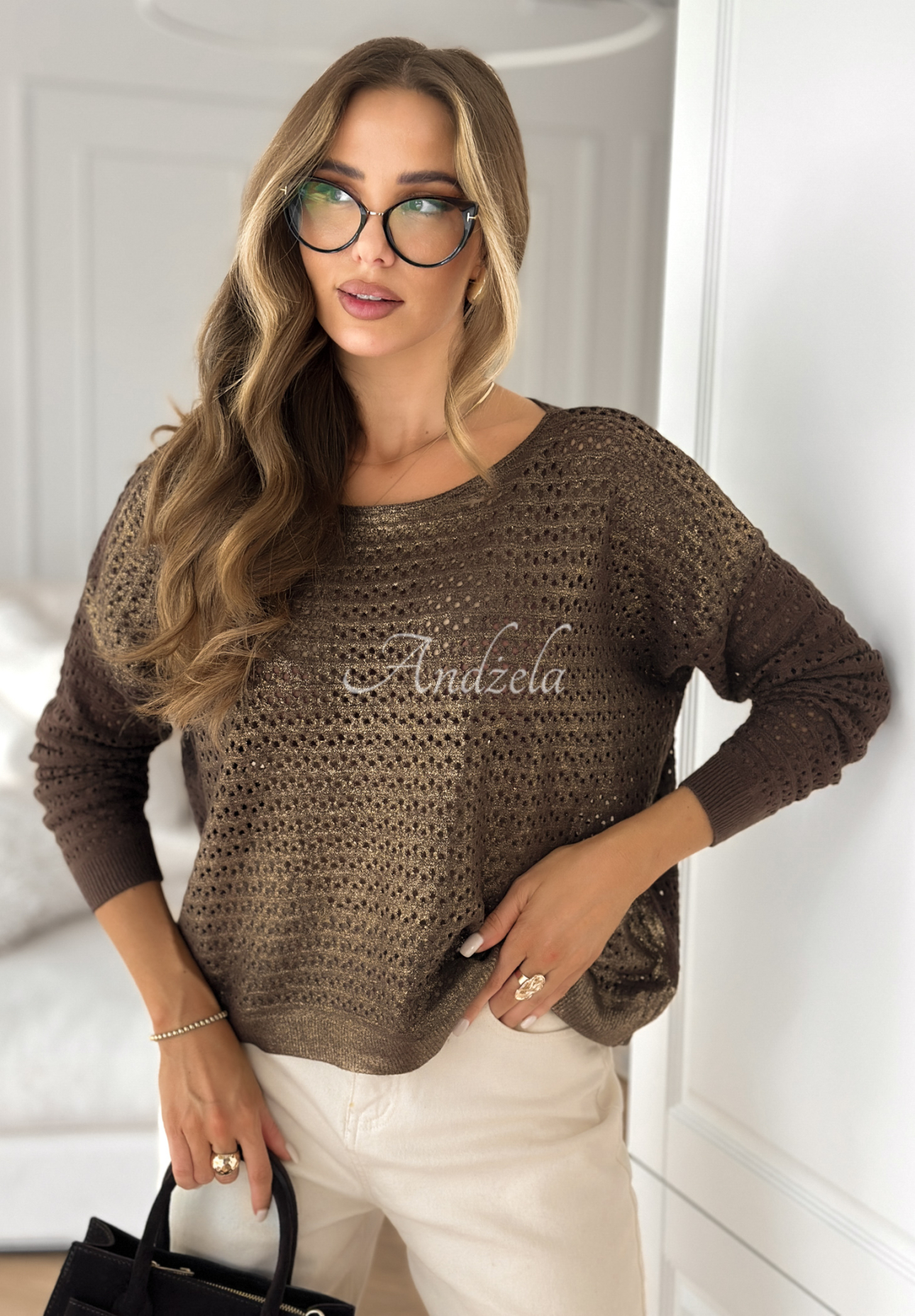 Viscose openwork sweater with Rainy Plans print chocolate