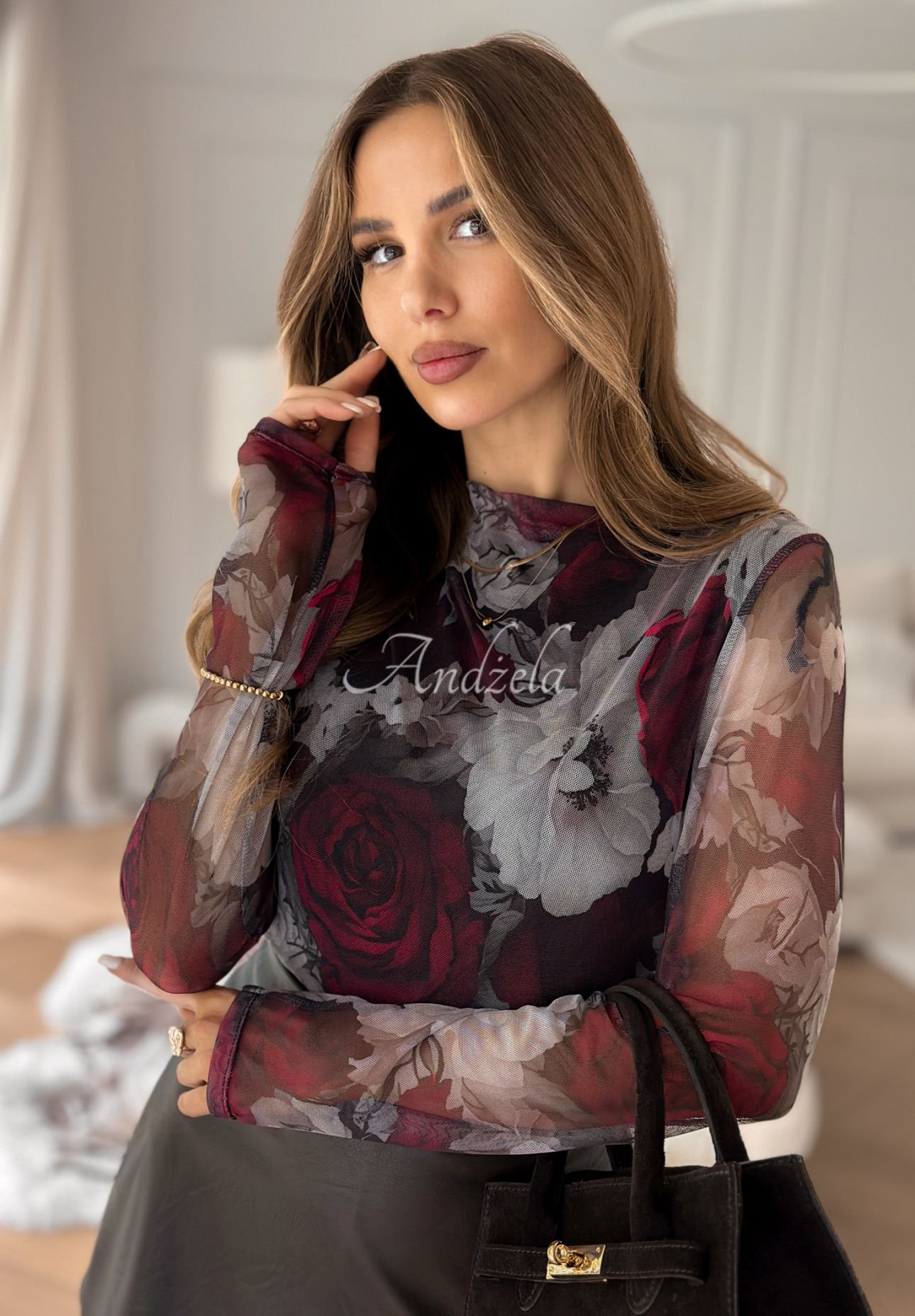 Viskose-Bluse aus Blumennetz Magnolia Park beige-burgunderrot