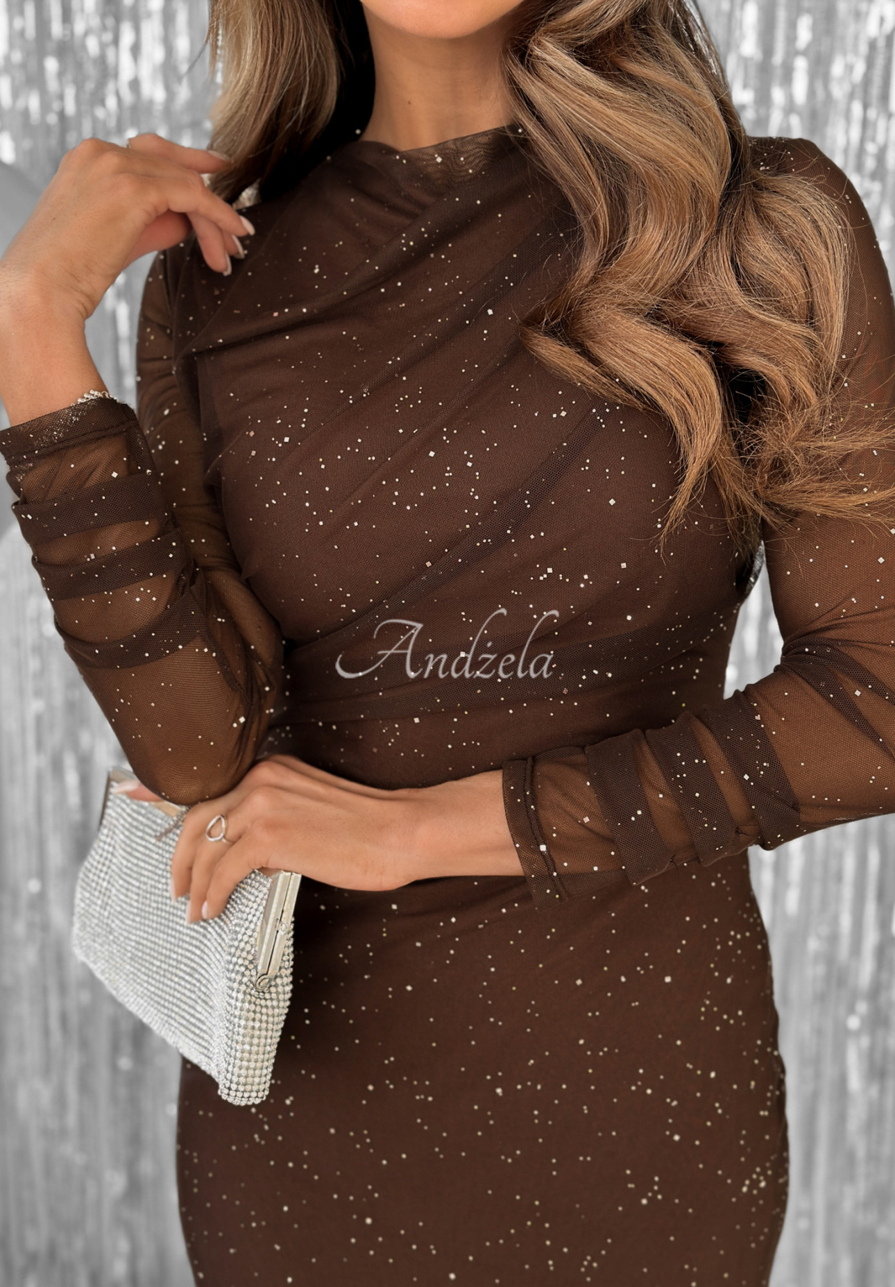 Glitzerndes Netzkleid mit Rüschen Time Of The Year Schokoladenbraun