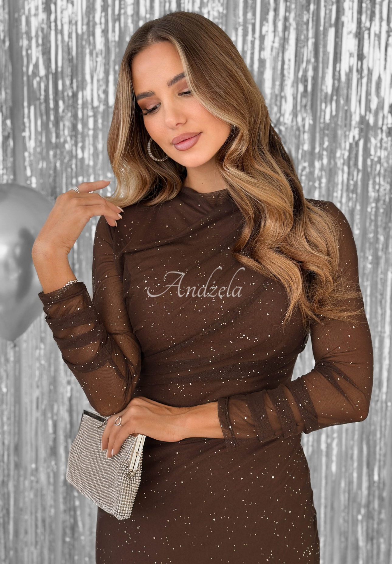 Glitzerndes Netzkleid mit Rüschen Time Of The Year Schokoladenbraun