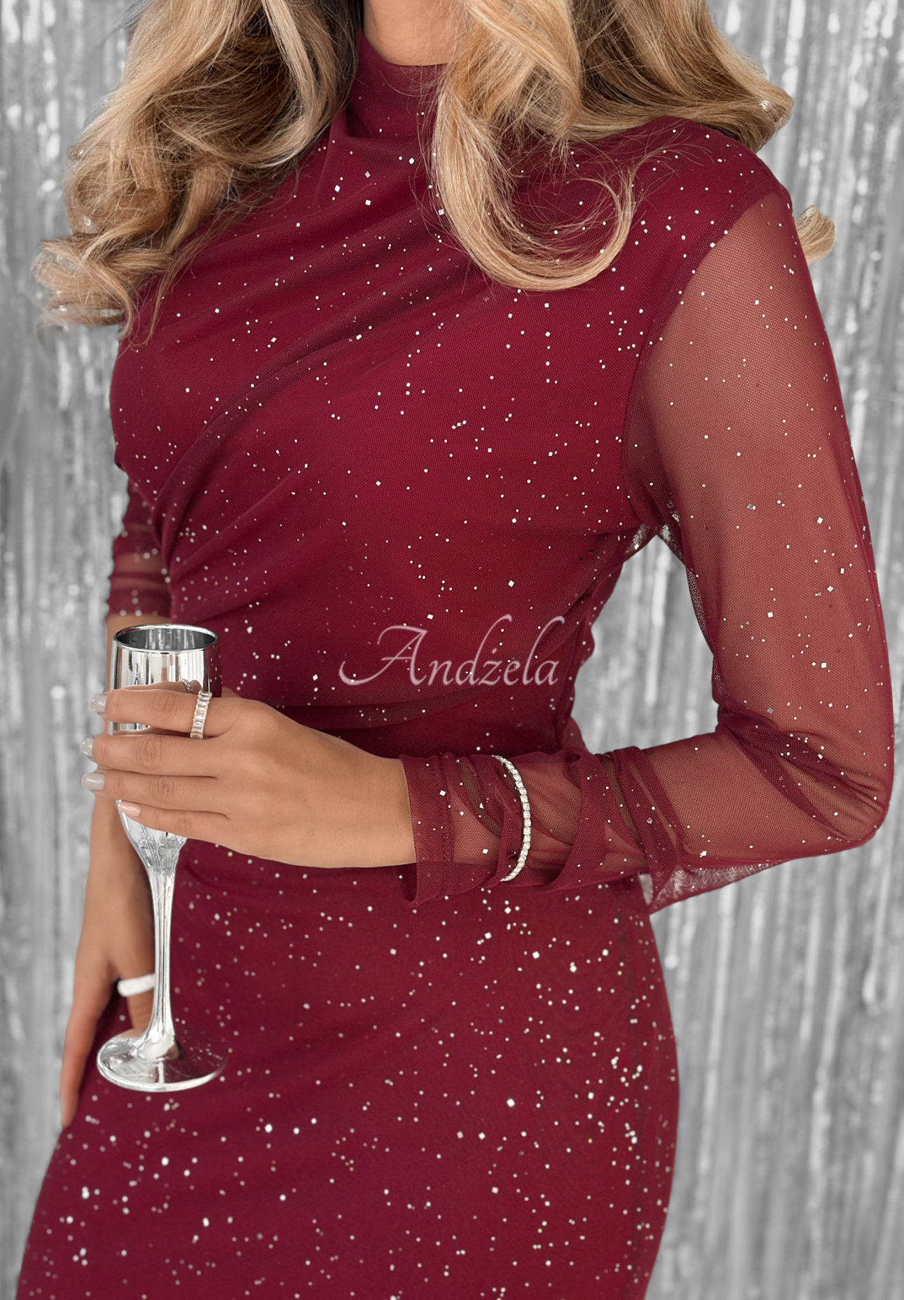 Glitzerndes Netzkleid mit Rüschen Time Of The Year Burgunderrot