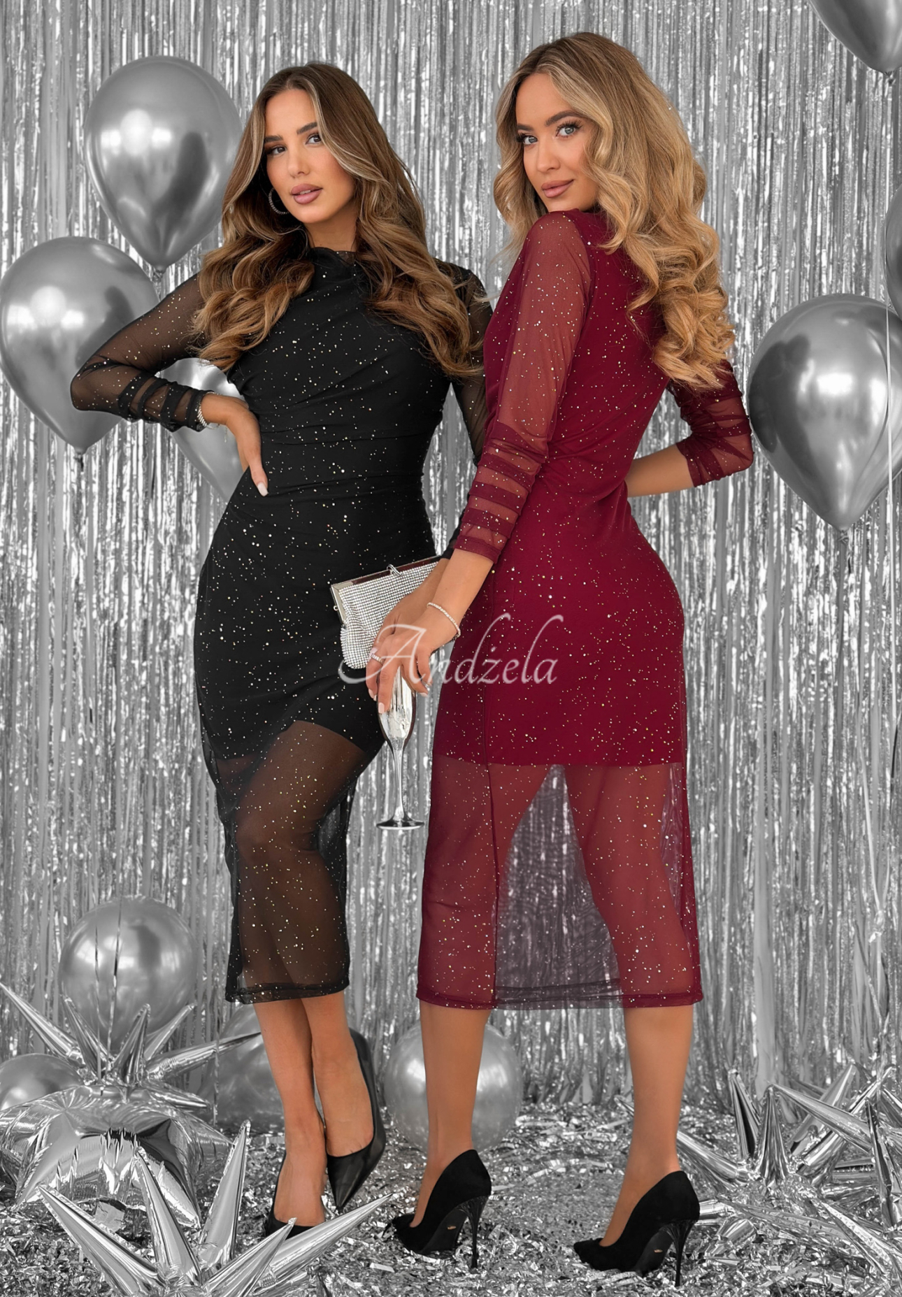 Glitzerndes Netzkleid mit Rüschen Time Of The Year Schwarz