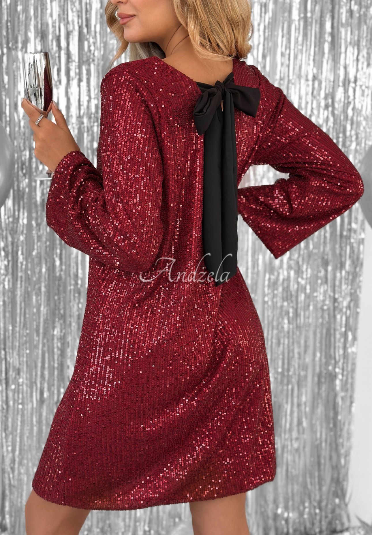 Pailletten-Minikleid mit Bindeband hinten From The Sky Burgunderrot