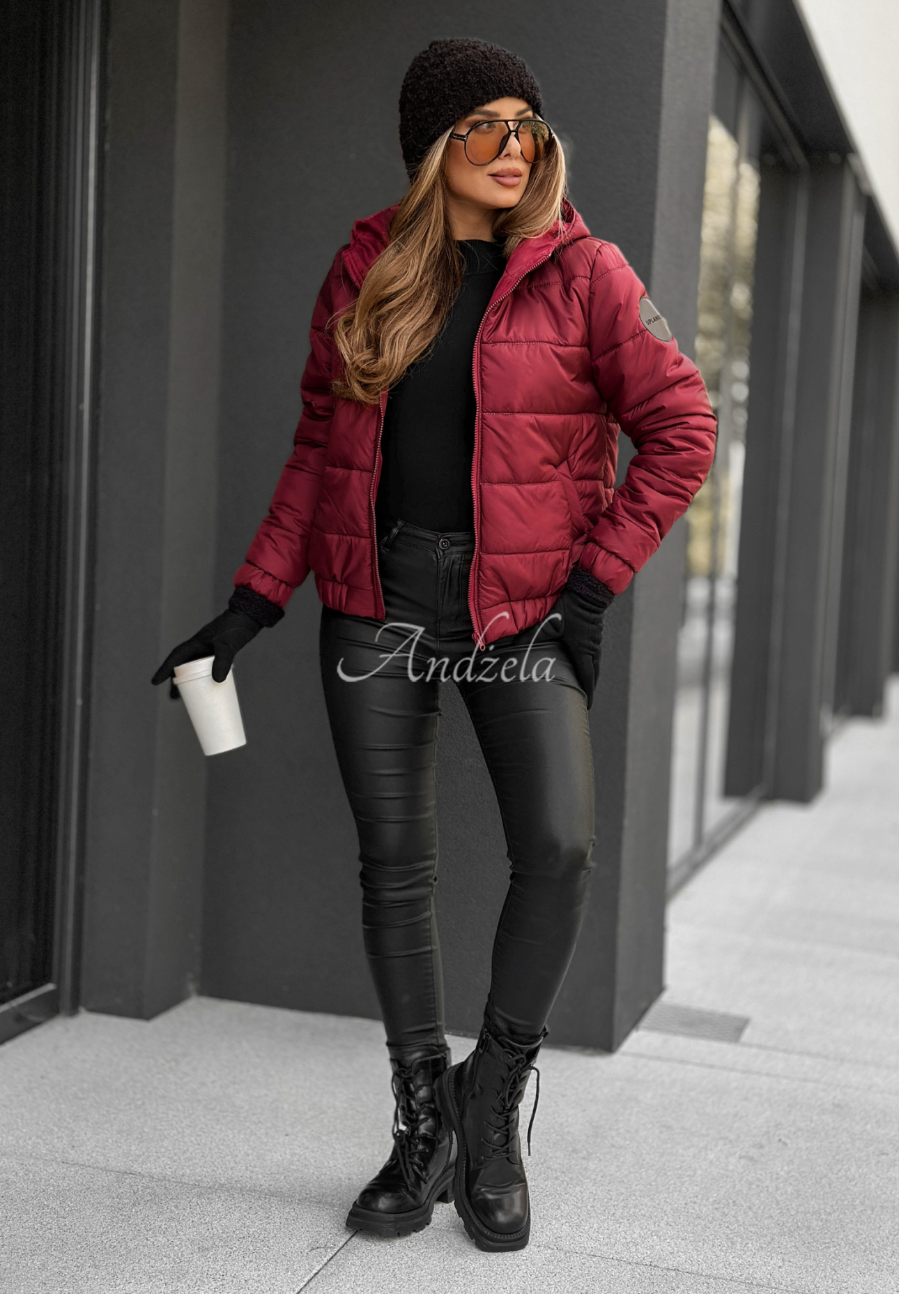 Gesteppte Bomberjacke mit Kapuze Just to Know Burgunderrot II