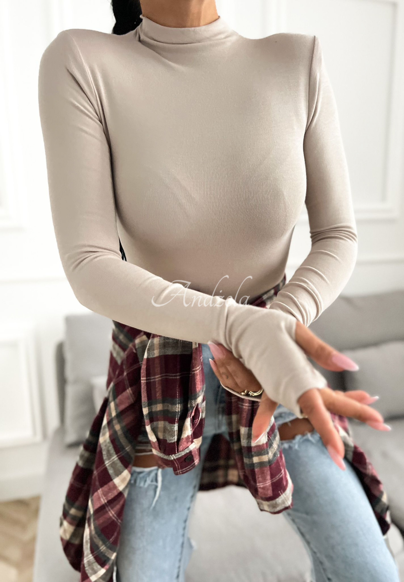 Bluse mit longsleeve und Turtleneck First Of All Mokkafarben