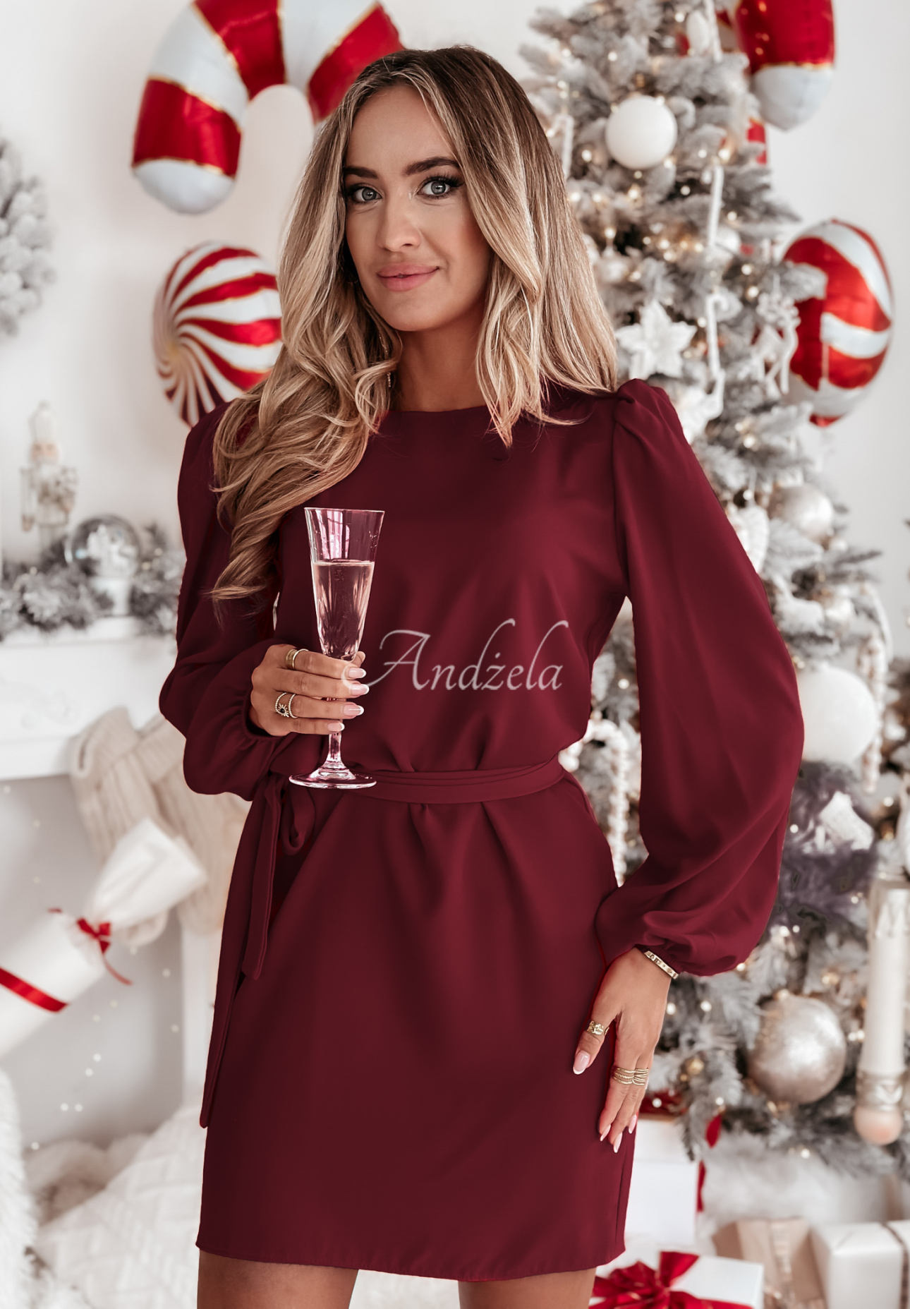 Kleid mit Puffärmeln und Gürtel Crazy About You Burgunderrot
