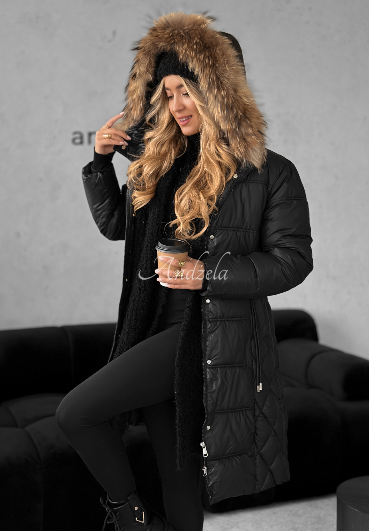 Lange Steppjacke mit Fell Autumn Rush Schwarz