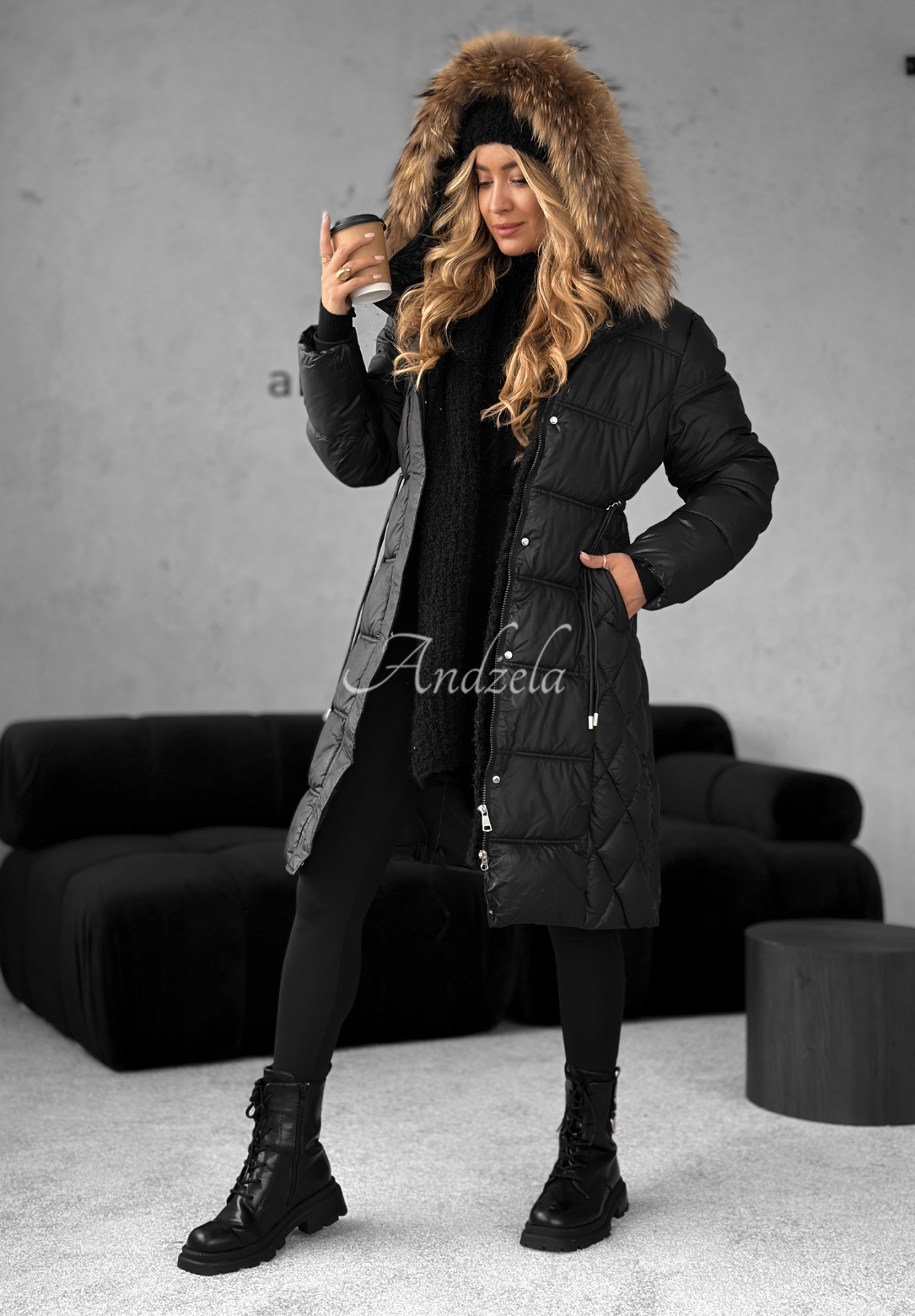 Lange Steppjacke mit Fell Autumn Rush Schwarz