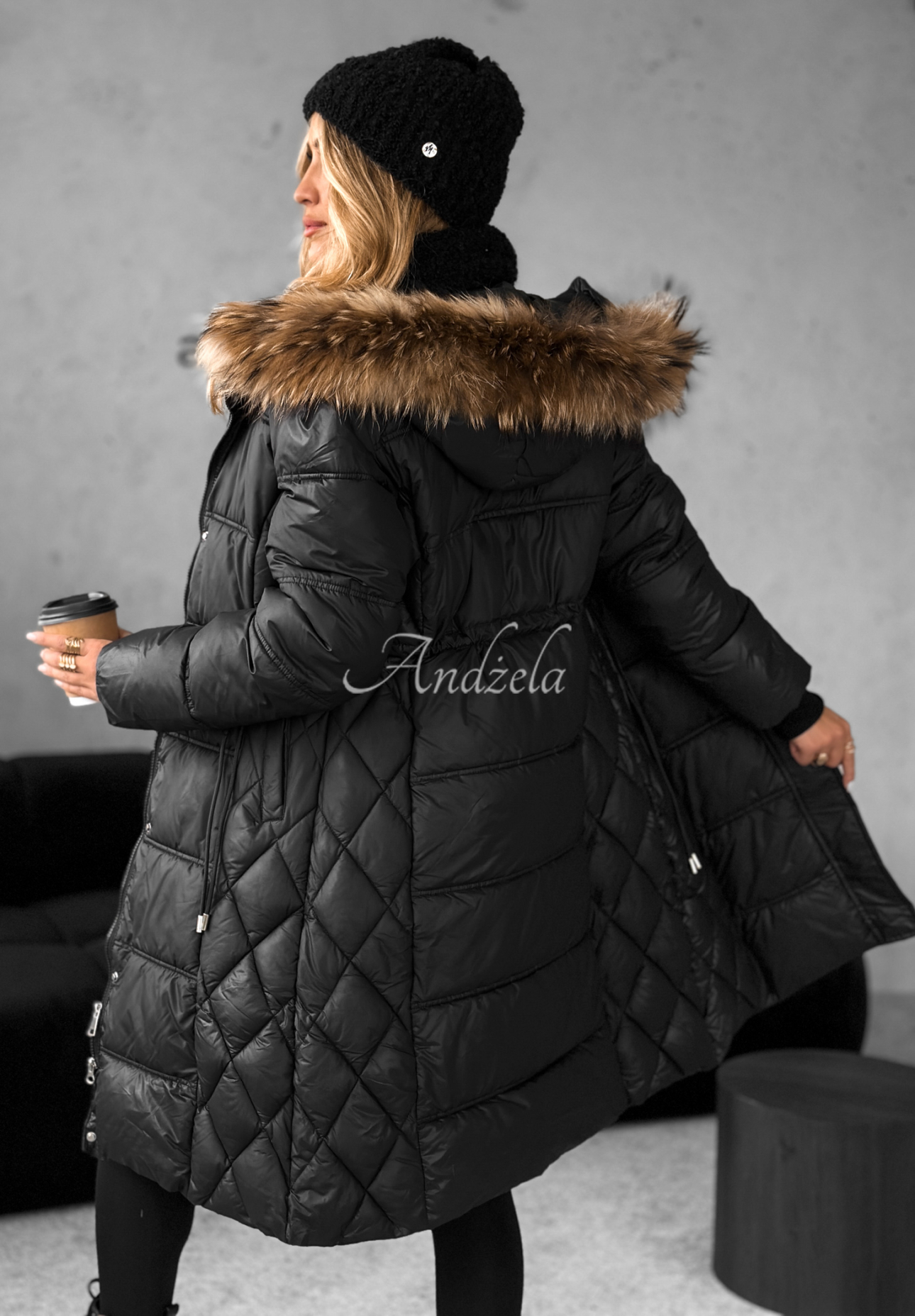 Lange Steppjacke mit Fell Autumn Rush Schwarz
