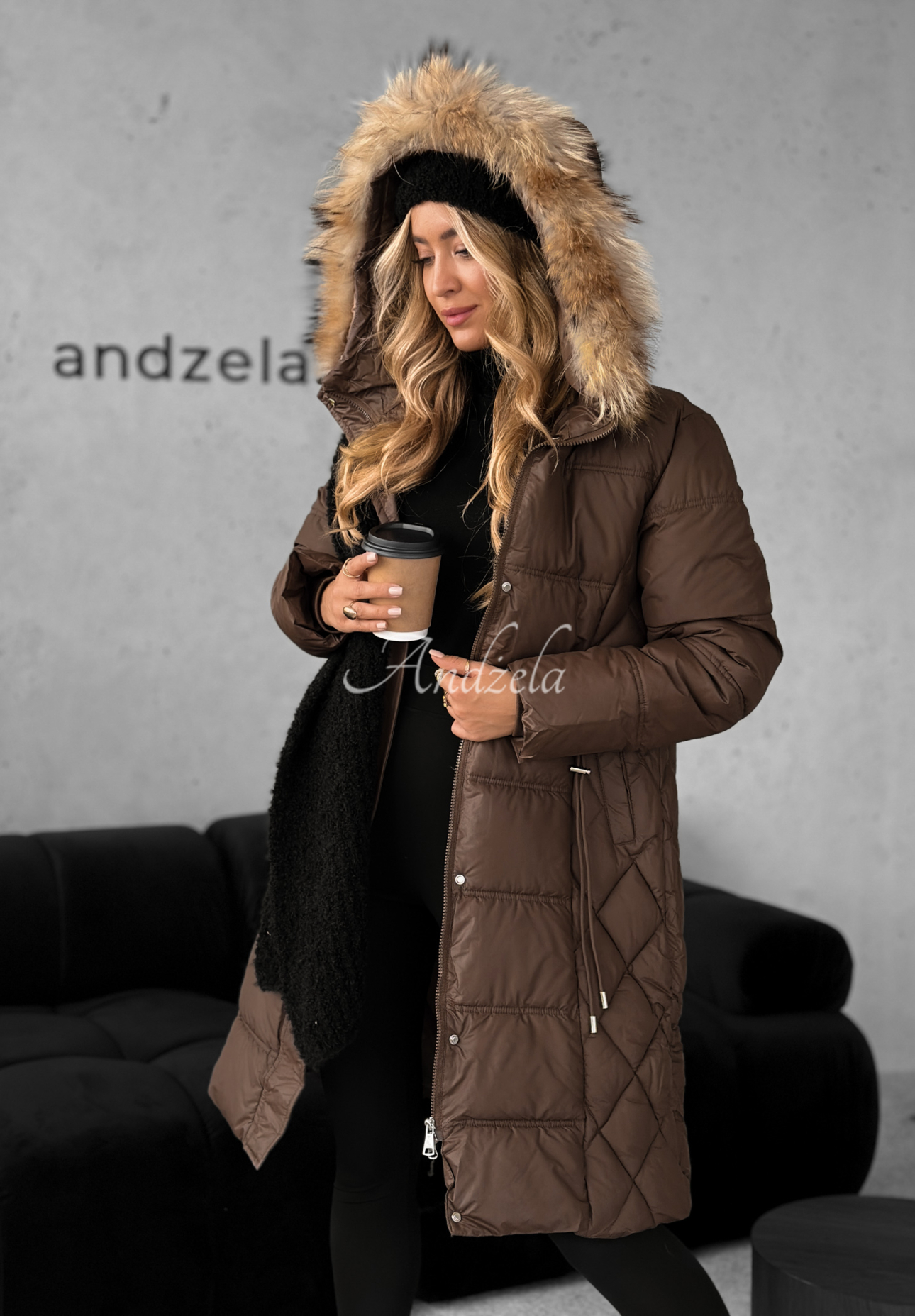 Lange Steppjacke mit Fell Autumn Rush Schokoladenbraun