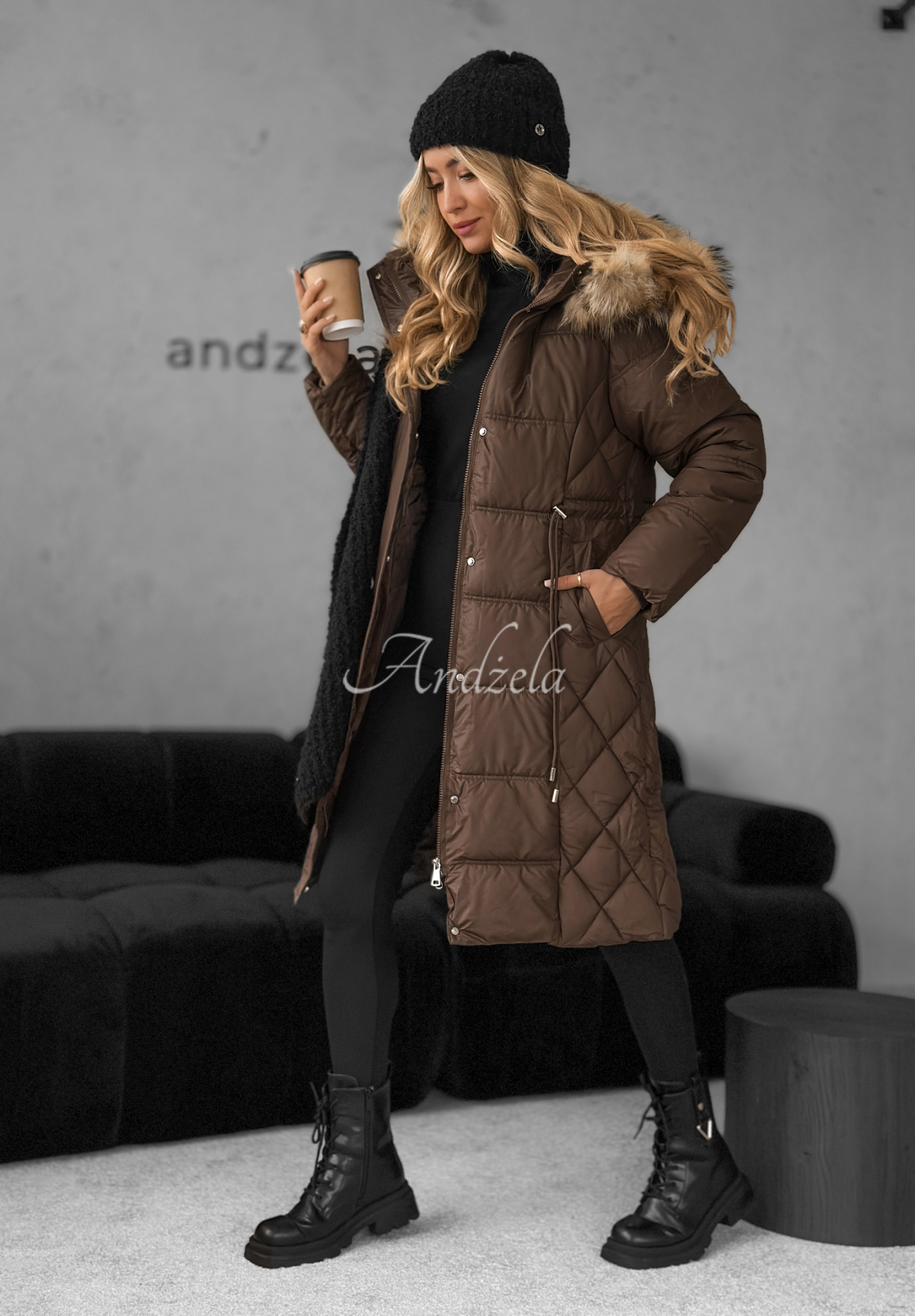 Lange Steppjacke mit Fell Autumn Rush Schokoladenbraun