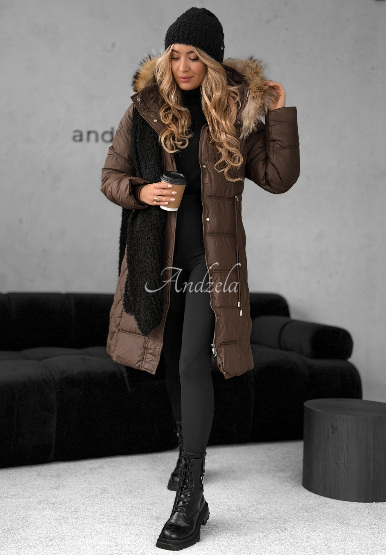 Lange Steppjacke mit Fell Autumn Rush Schokoladenbraun