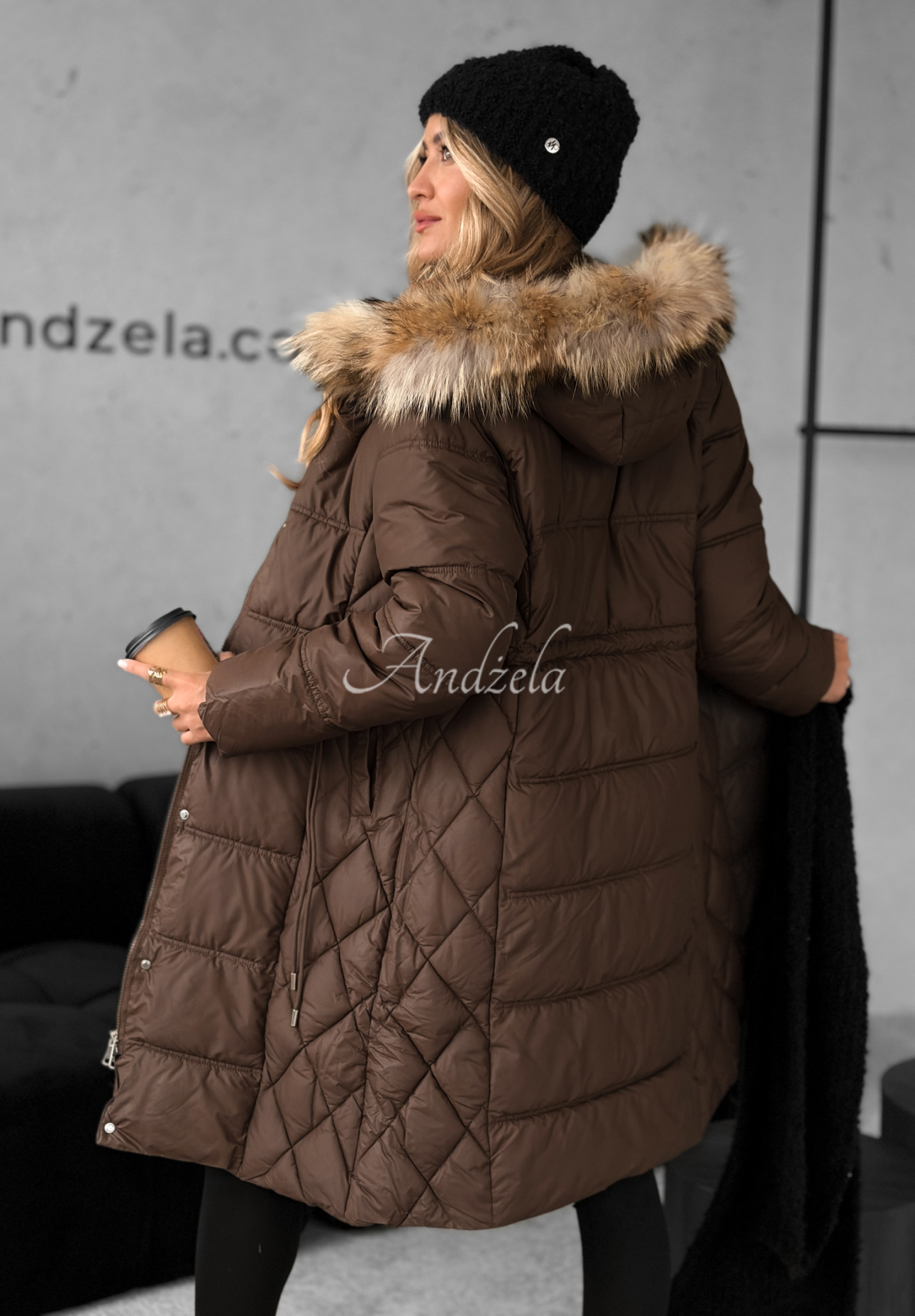 Lange Steppjacke mit Fell Autumn Rush Schokoladenbraun
