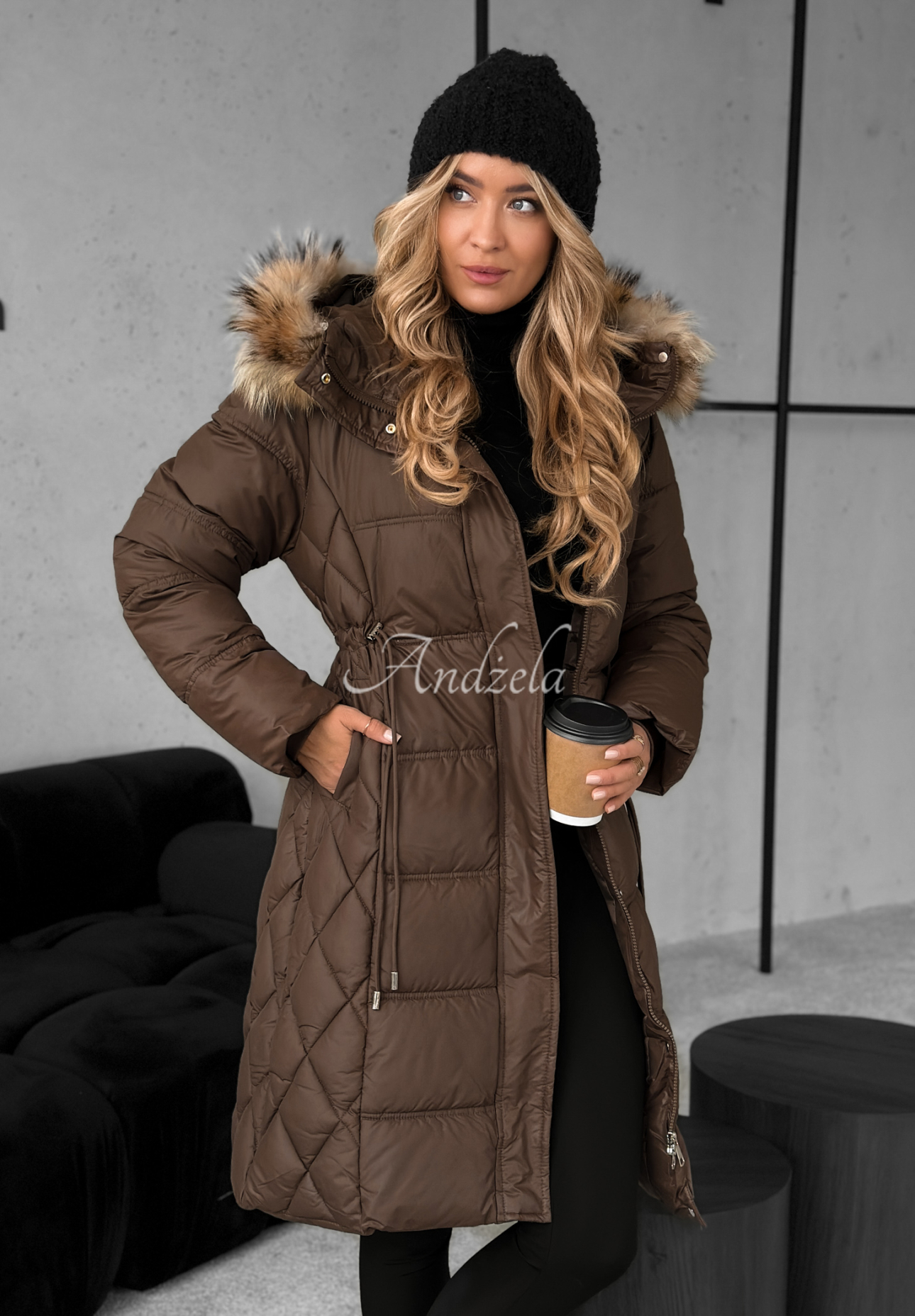 Lange Steppjacke mit Fell Autumn Rush Schokoladenbraun