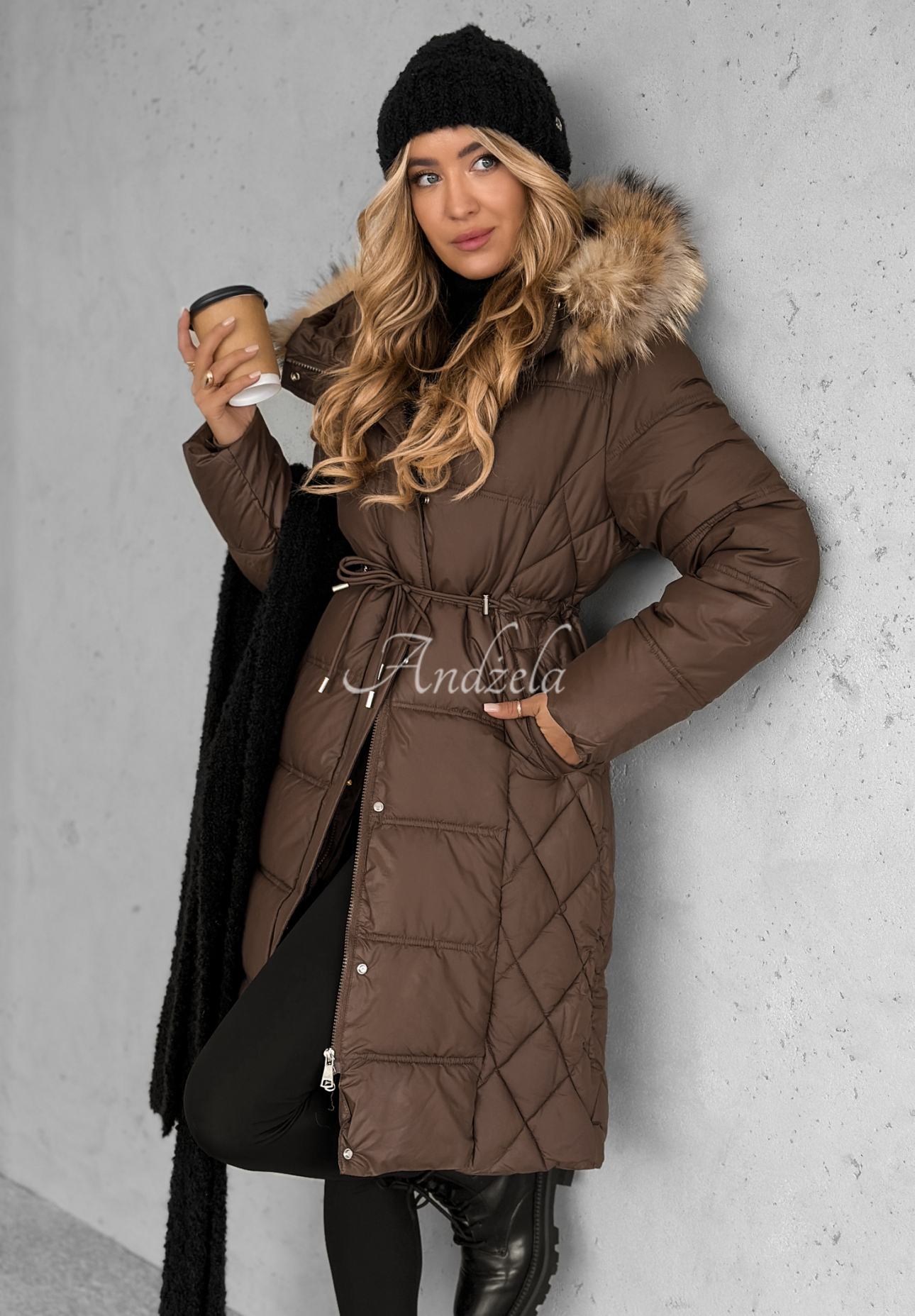 Lange Steppjacke mit Fell Autumn Rush Schokoladenbraun