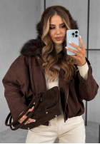 Kurze Wildlederjacke mit Pelzbesatz Snuggle In Schokoladenbraun