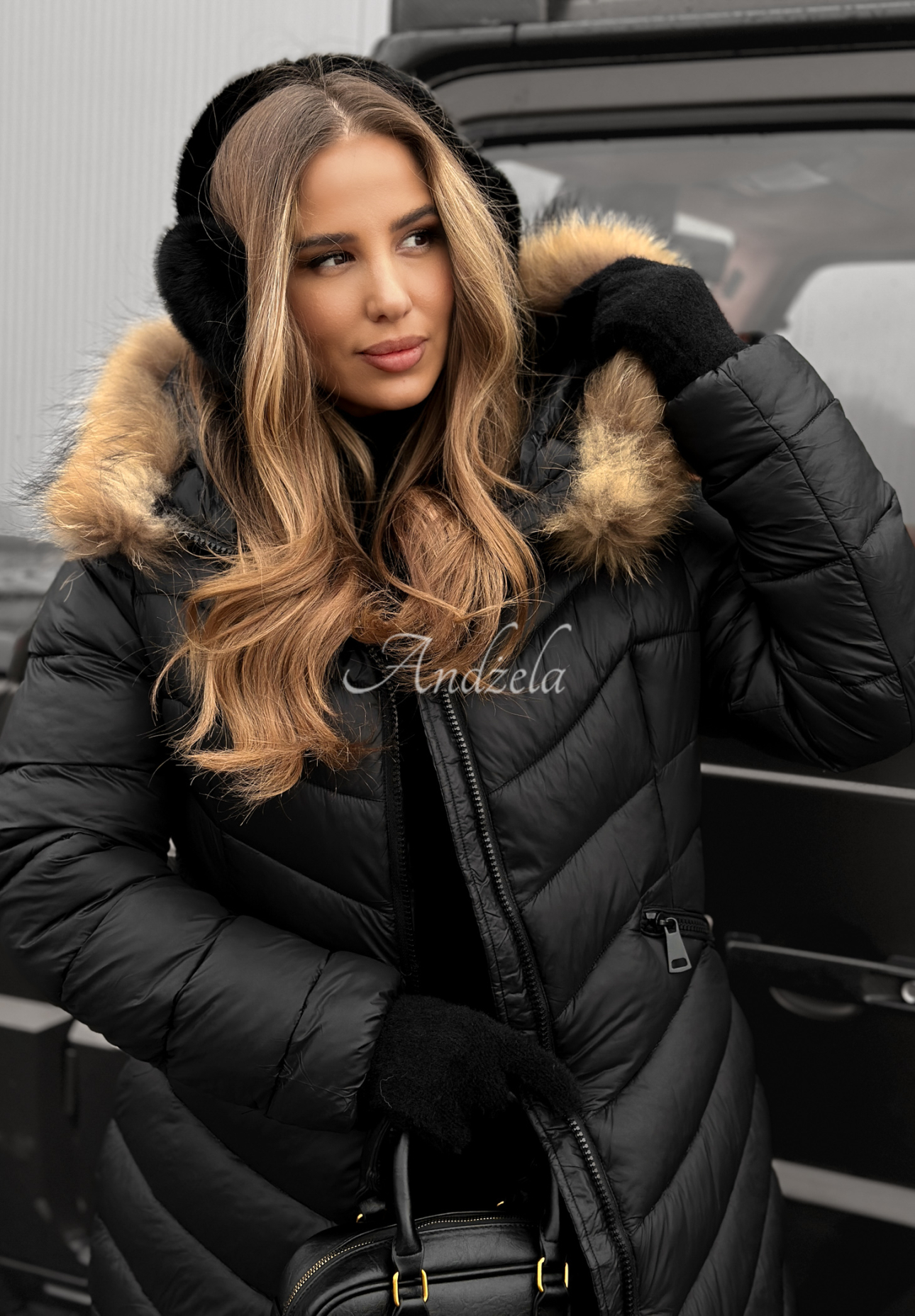 Steppjacke mit Kapuze Winter Schwarz