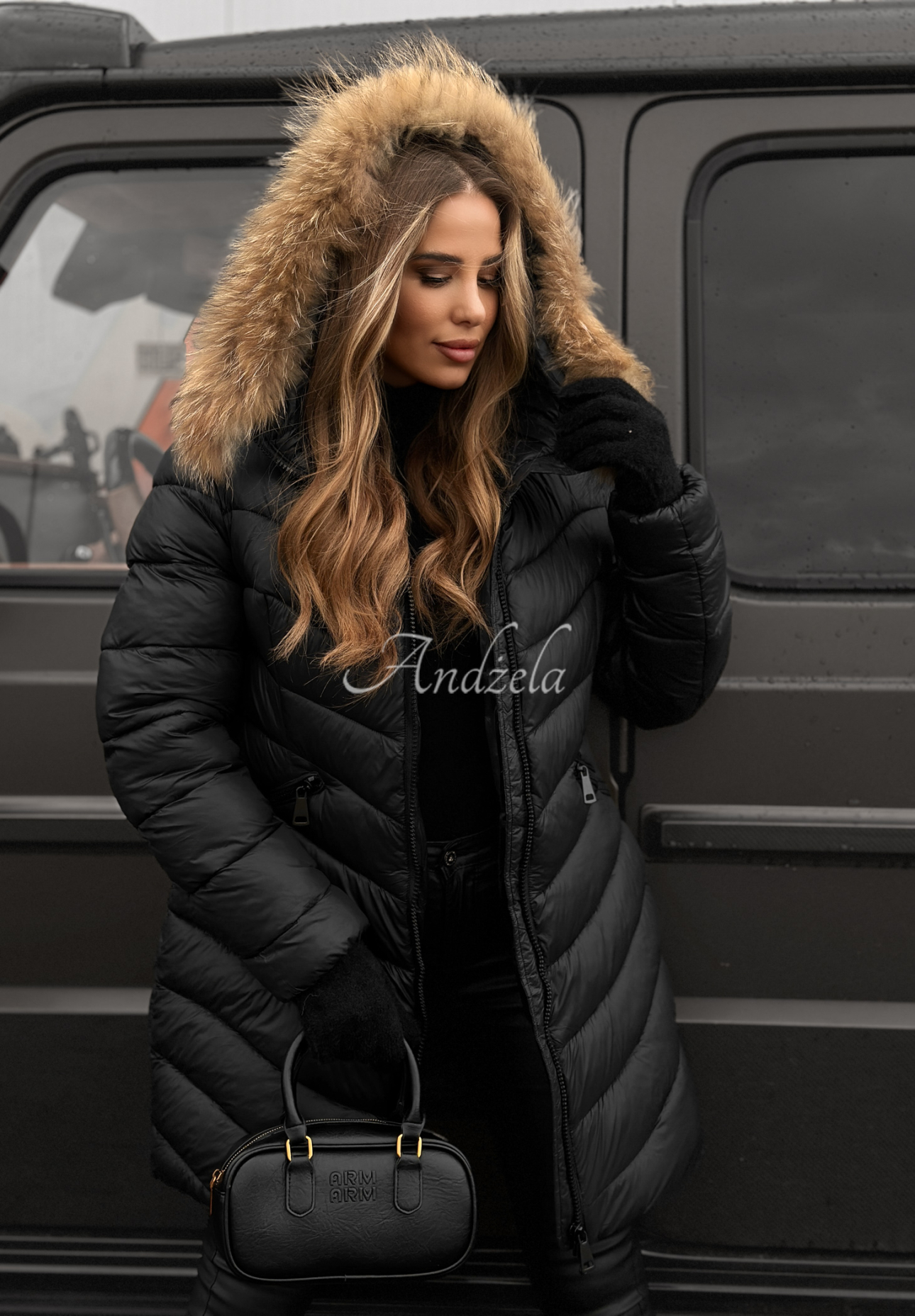 Steppjacke mit Kapuze Winter Schwarz